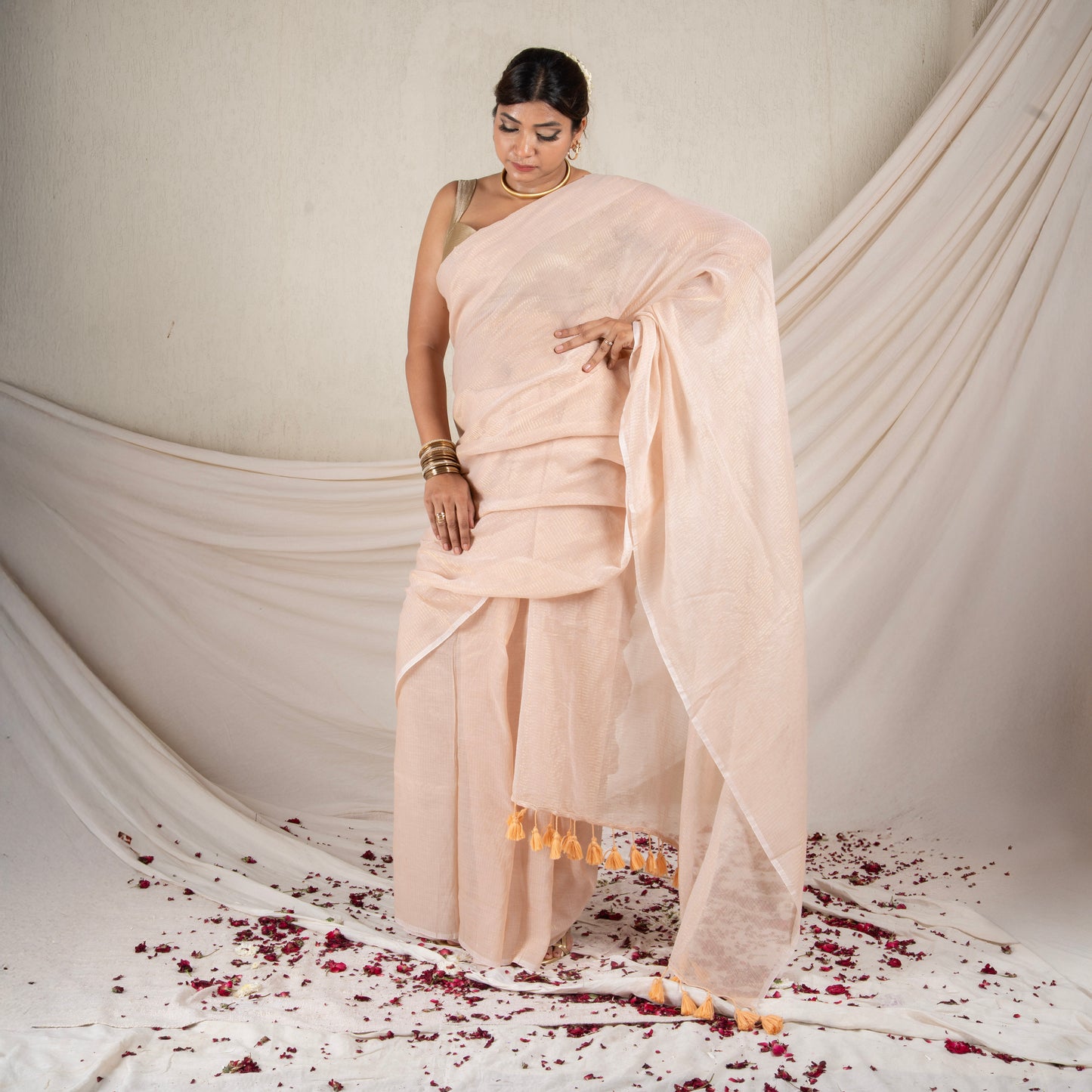Beige Mulmul Zari Saree