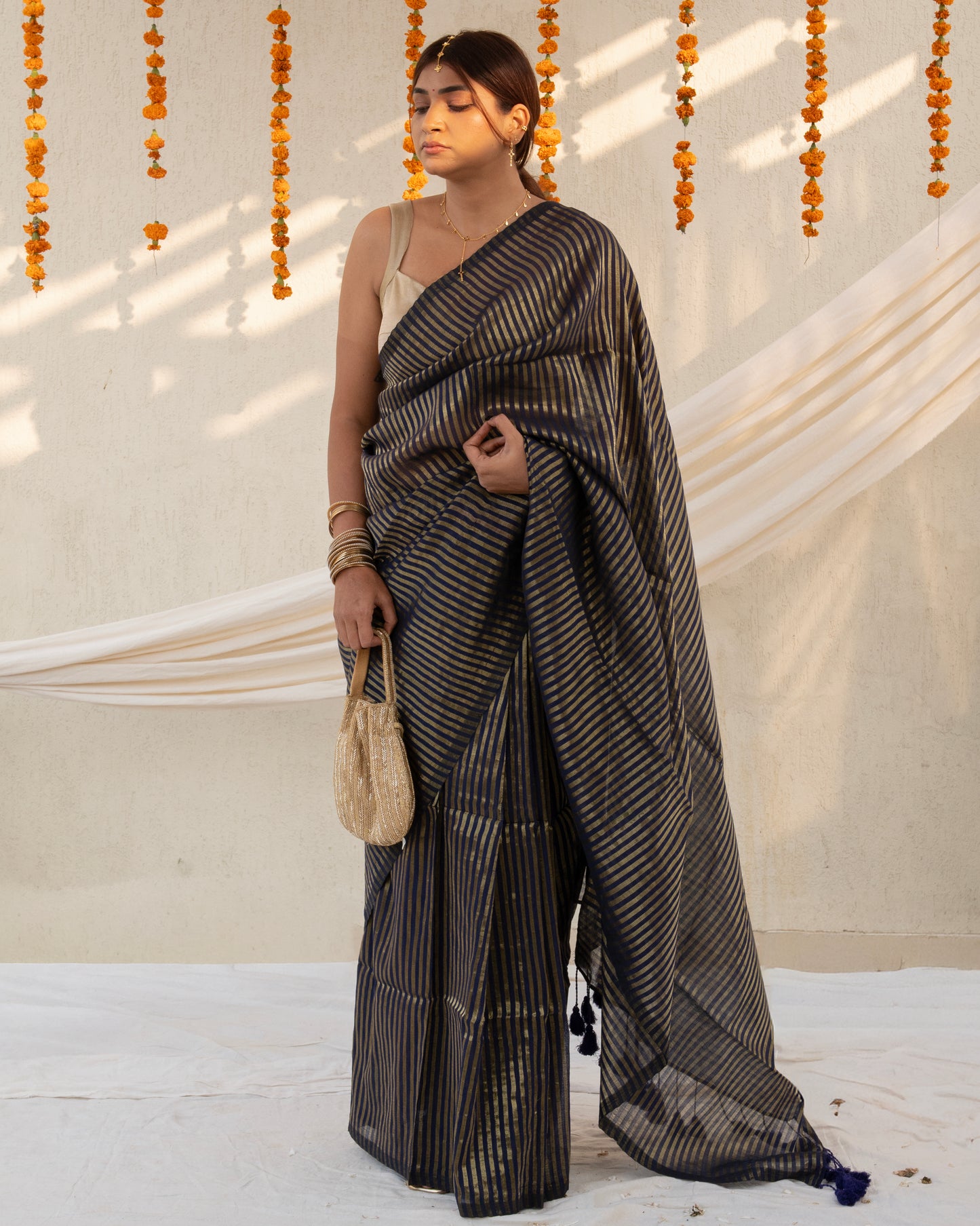 Raag - Blue Striped Mul Cotton Zari Saree