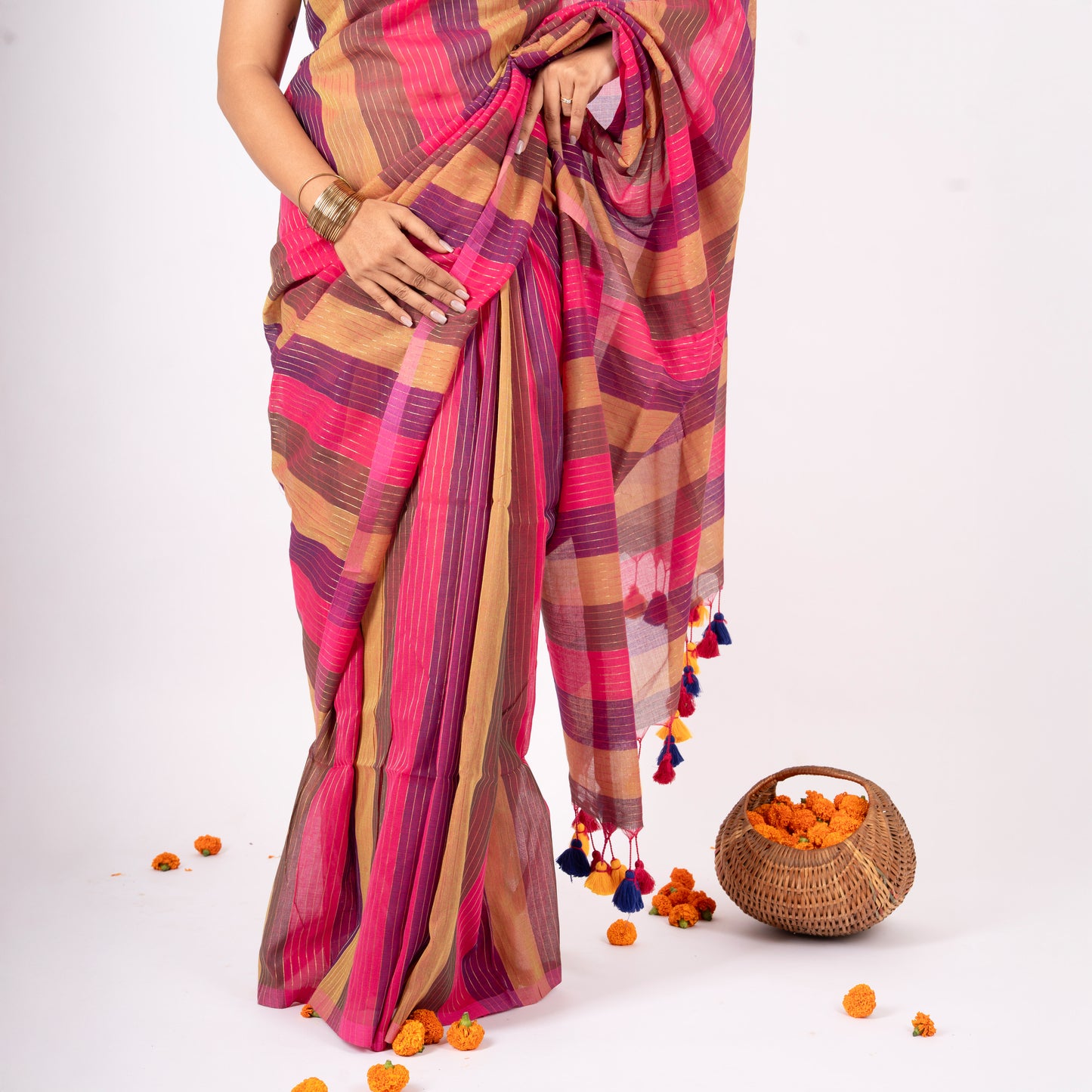 Samaya - Multicolour Striped Mul Cotton Zari Saree