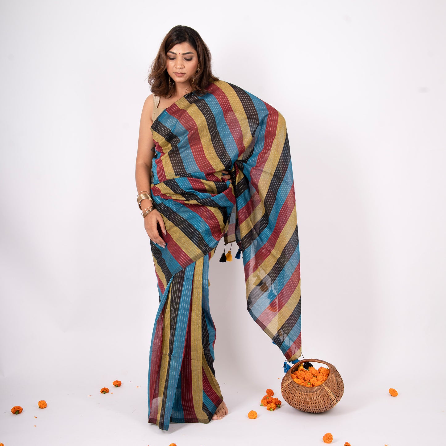 Siyaahi Cotton Zari Stripe Saree