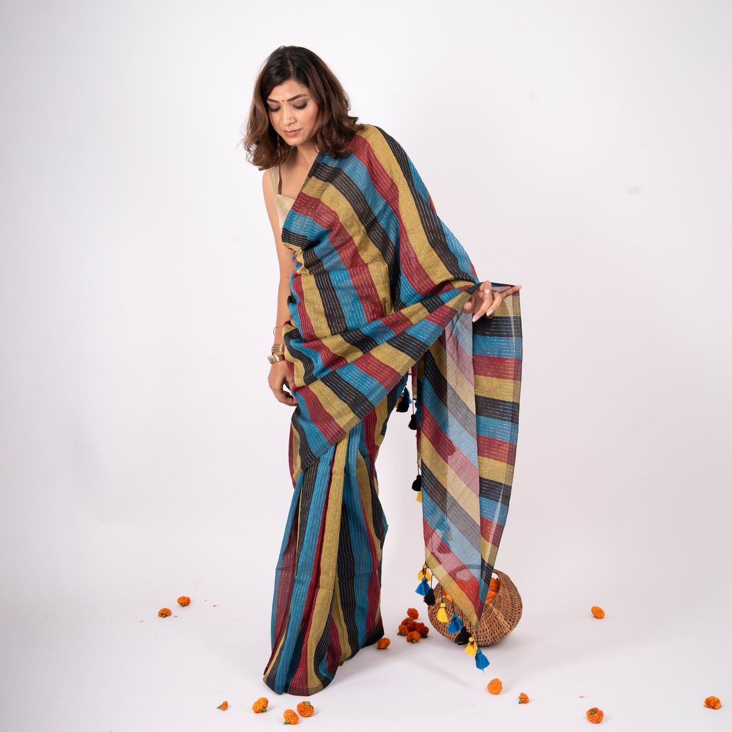Siyaahi Cotton Zari Stripe Saree