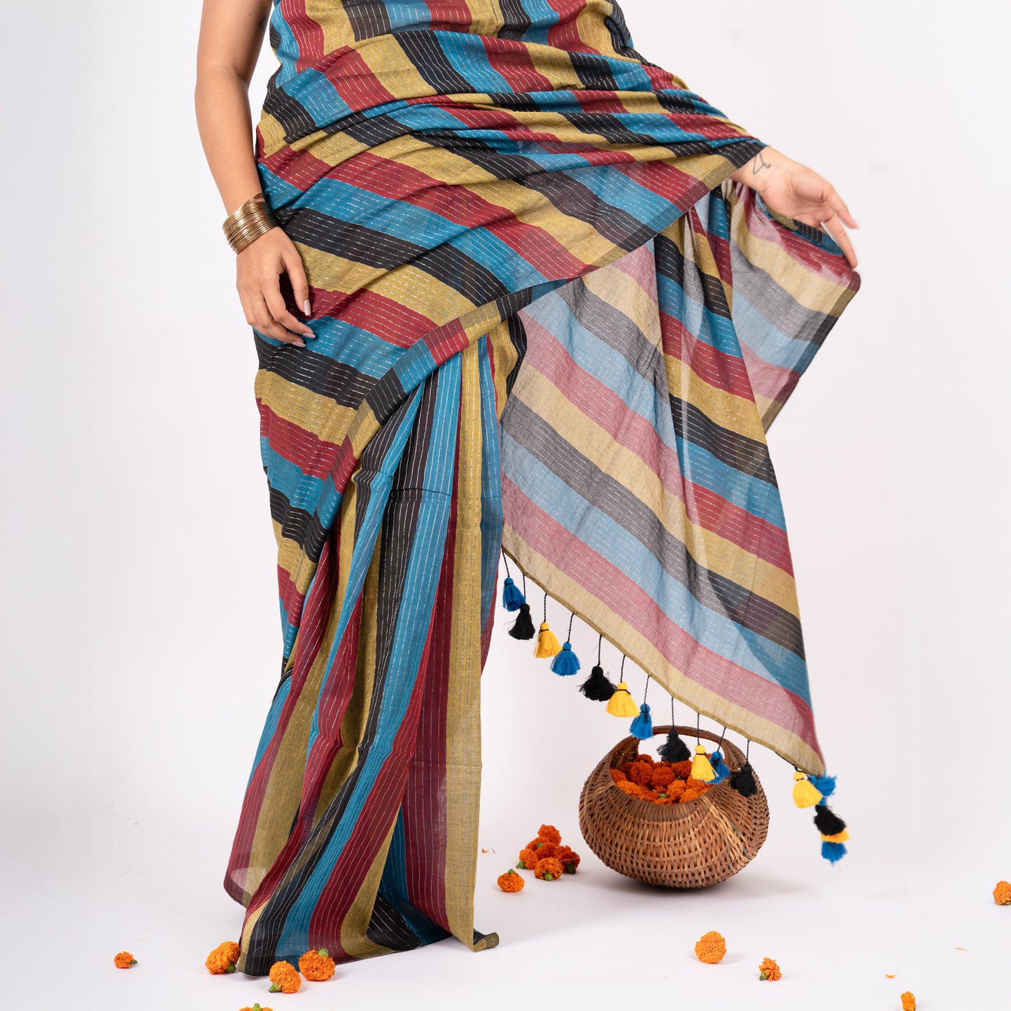 Siyaahi Cotton Zari Stripe Saree