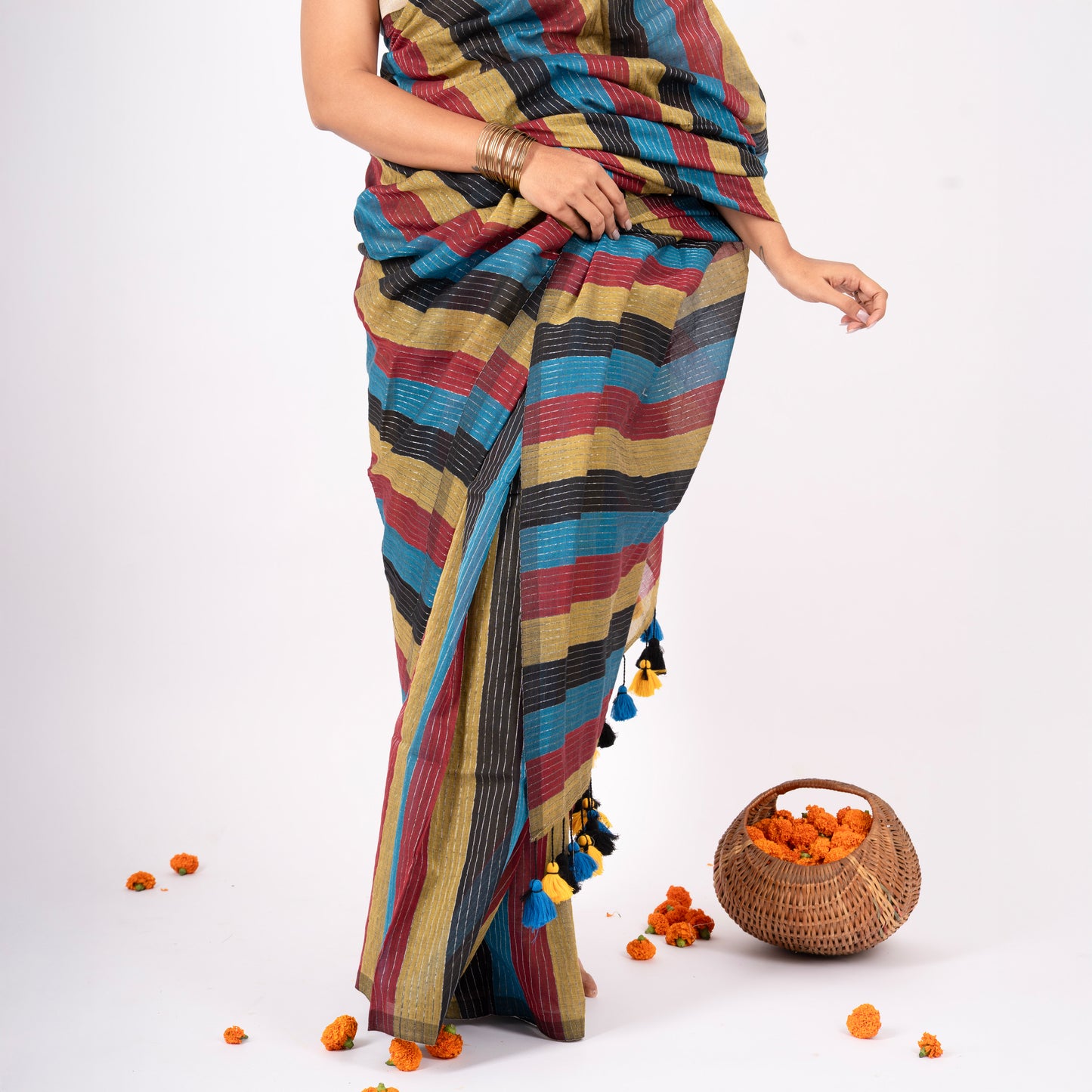 Siyaahi Cotton Zari Stripe Saree