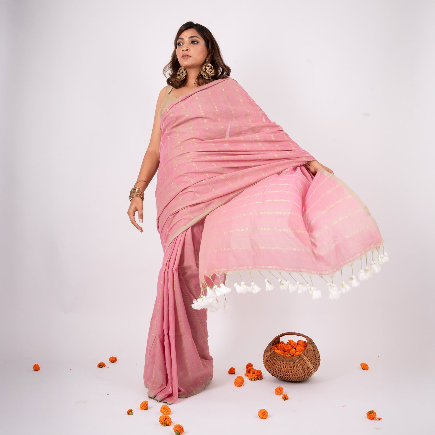 Tara Mulmul Zari Stripe Saree