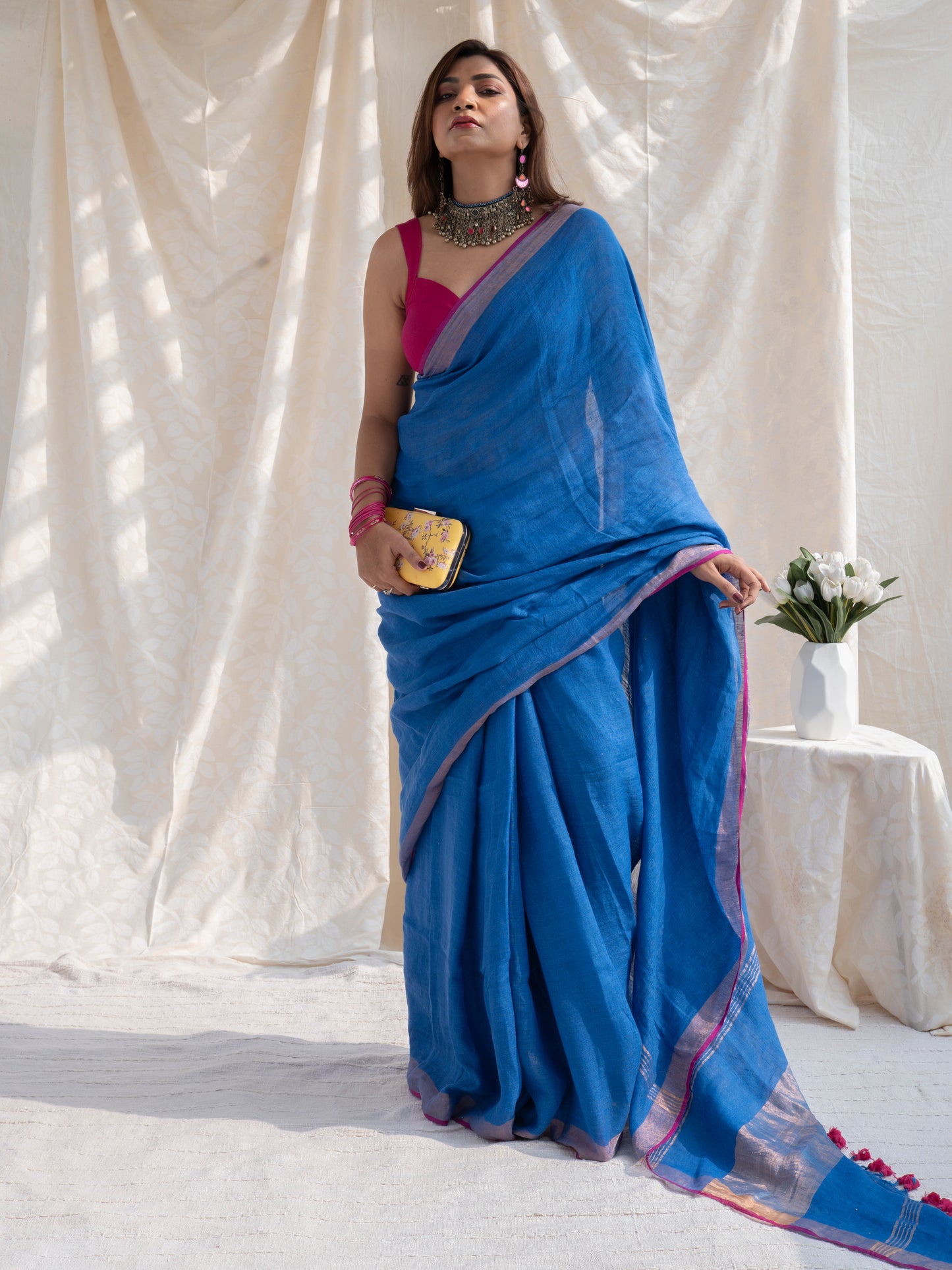 Power Play - Blue Pure Handloom Linen Saree with Zari Border