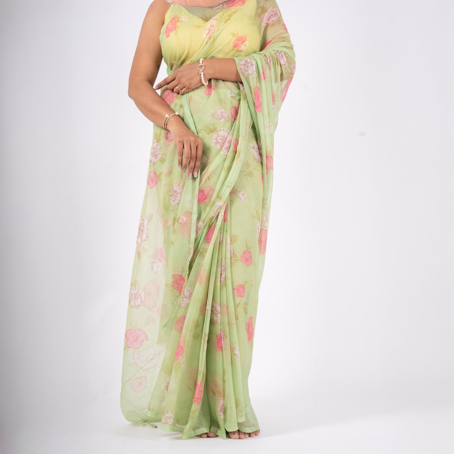 Vintage Green - Floral Printed & Embroidered Chiffon Saree