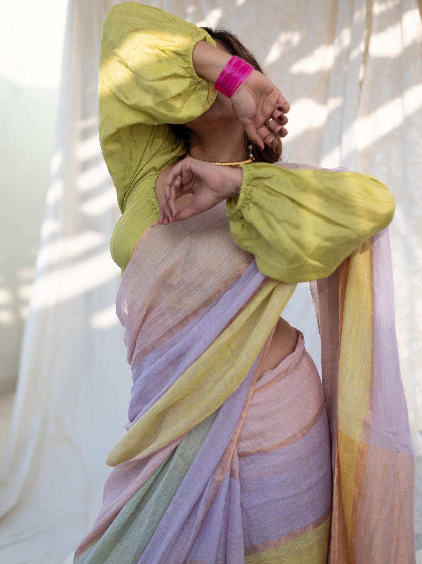Daybreak - Multicolour Striped Pure Handloom Linen Saree
