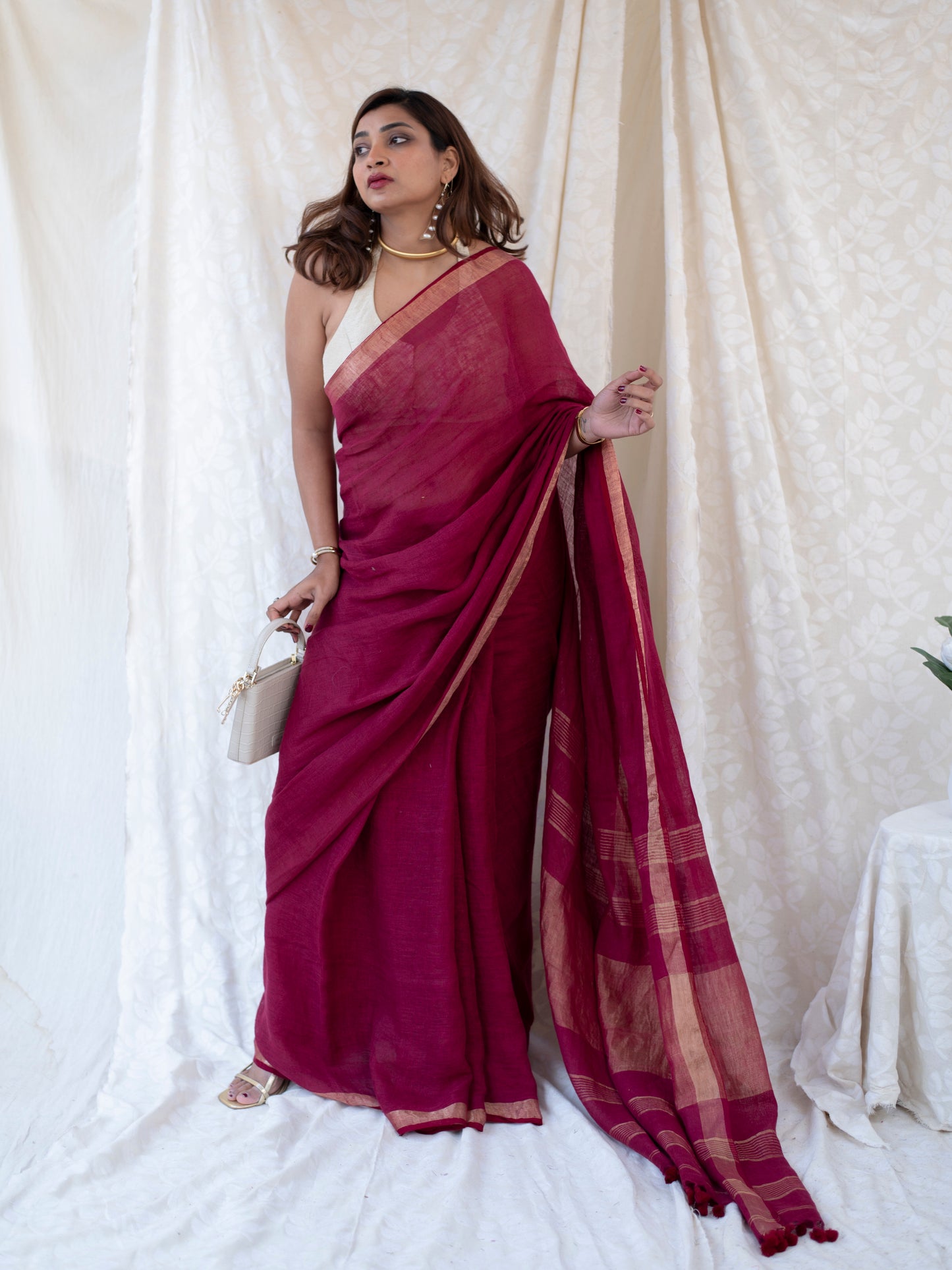 Main Event - Burgundy Red Pure Handloom Linen Saree with Zari border