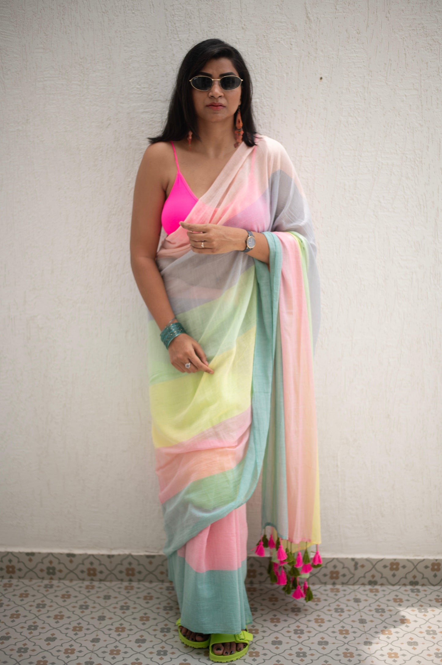 Saturday - Multicolour Striped Mulmul Cotton Saree