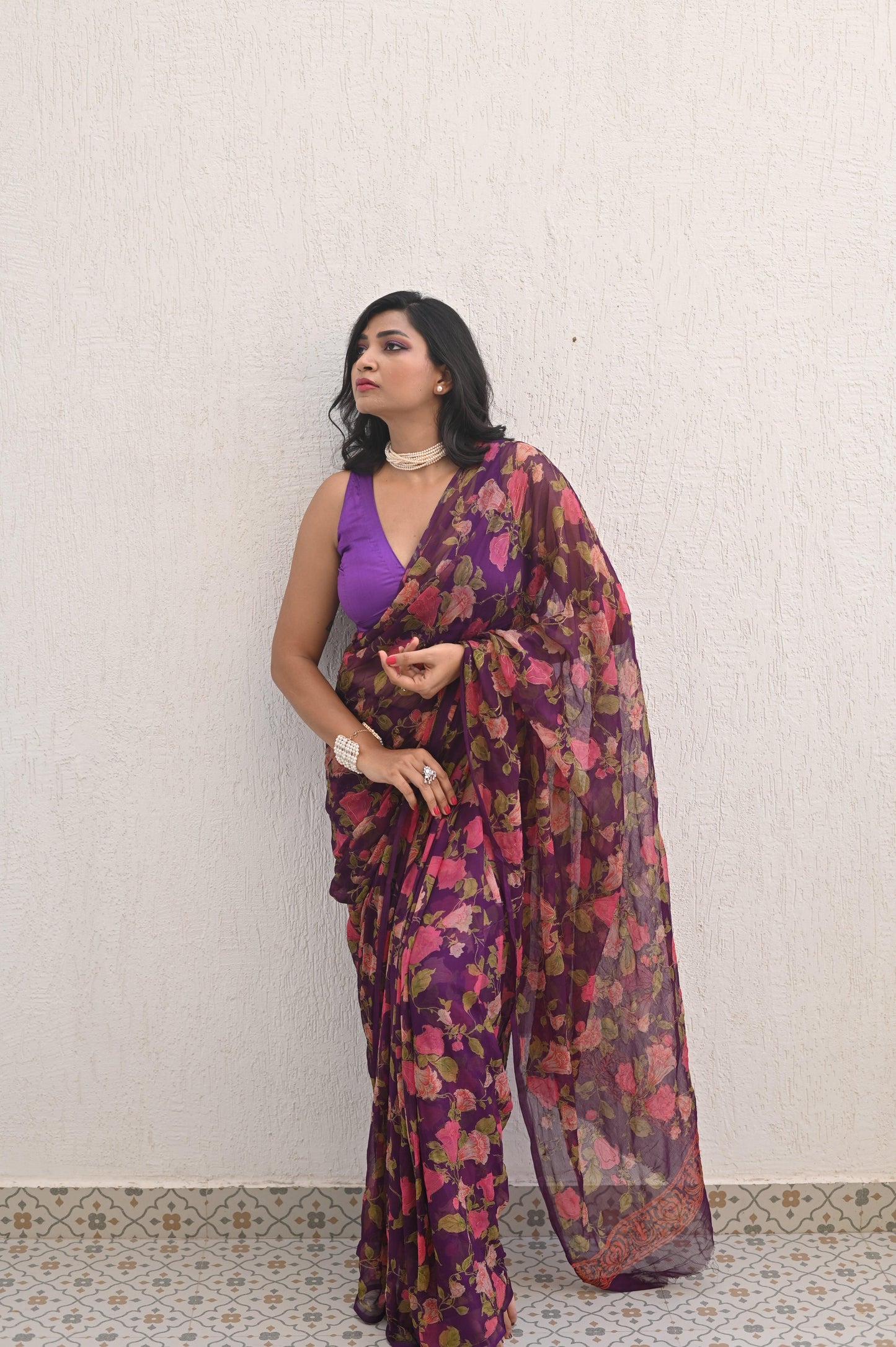 Vintage Wine - Floral Printed & Embroidered Chiffon Saree