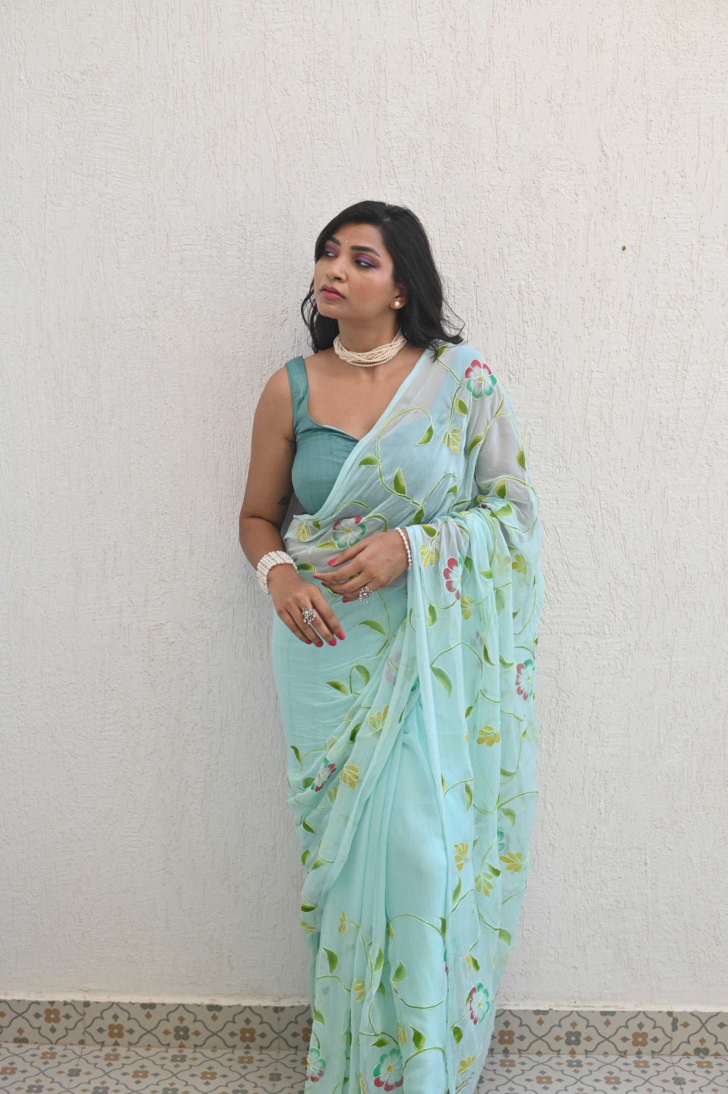 Seafoam Pure Chiffon Handembroidered Saree