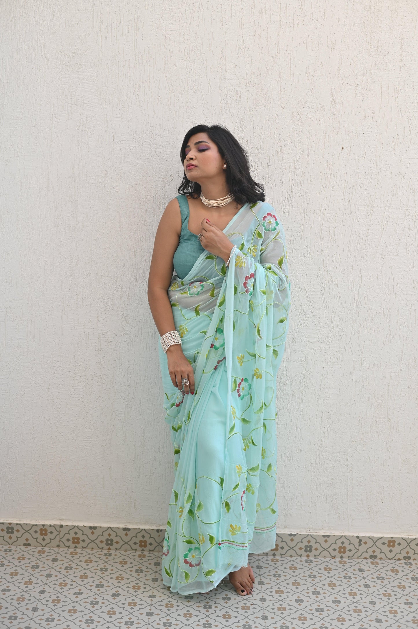 Seafoam Pure Chiffon Handembroidered Saree