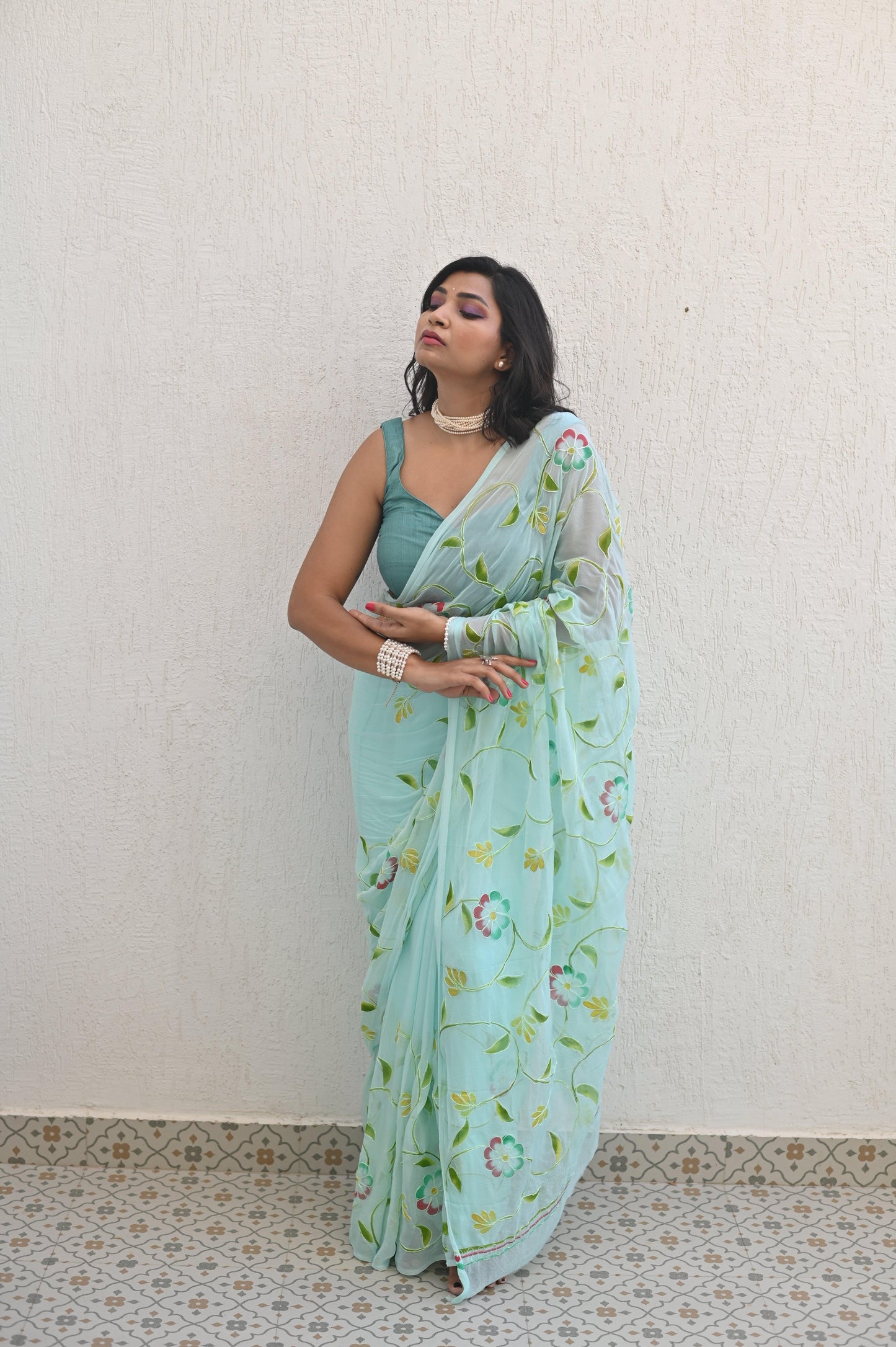 Seafoam Pure Chiffon Handembroidered Saree
