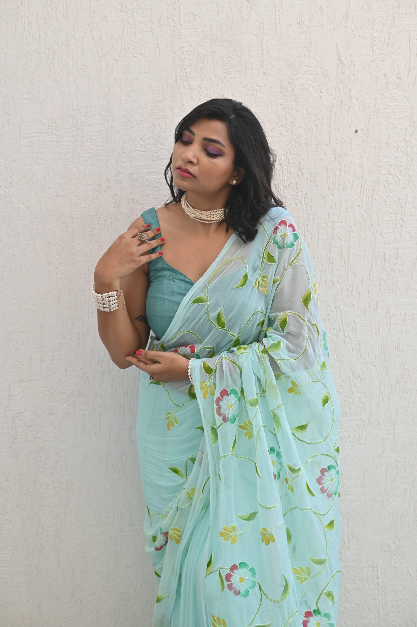 Seafoam Pure Chiffon Handembroidered Saree