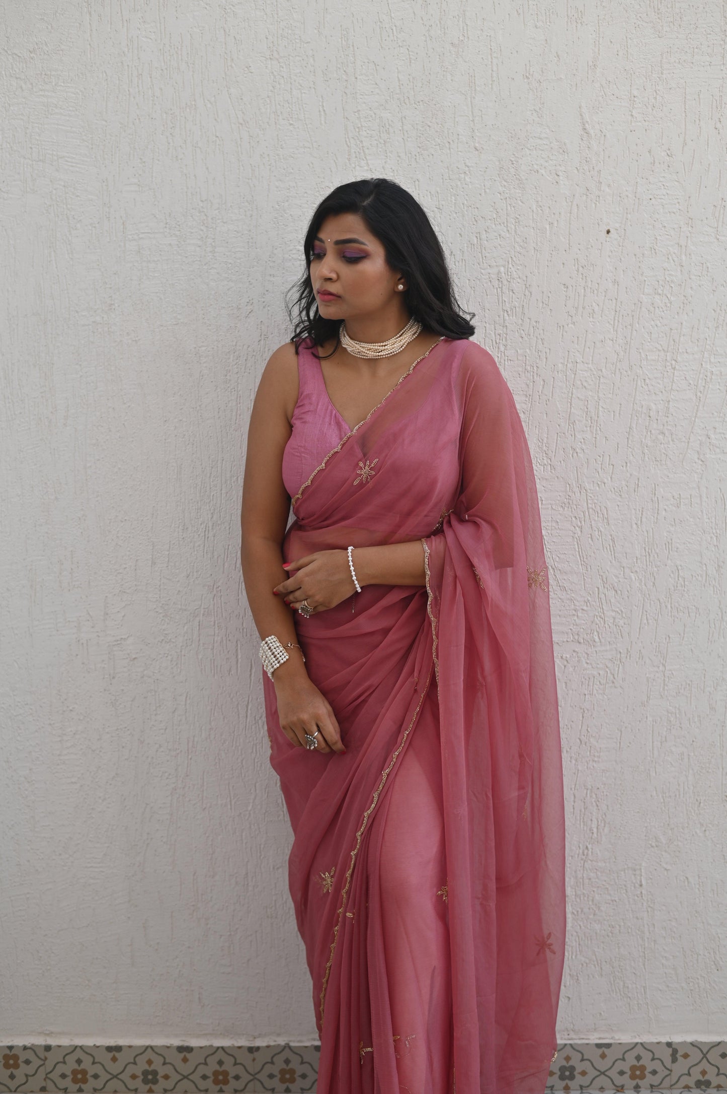 Old Rose Sequin Chiffon Saree