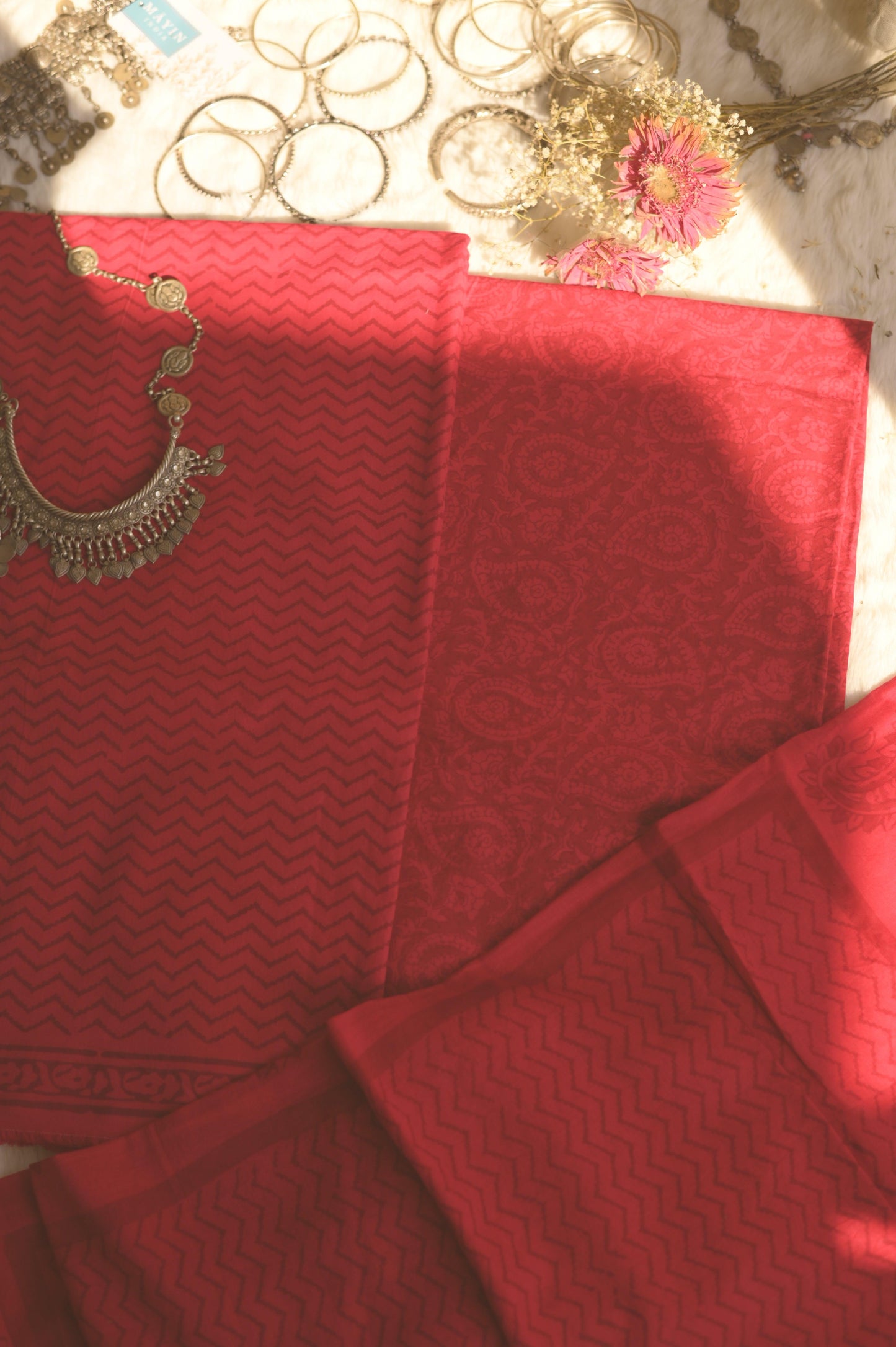 Red Handblockprinted Suit Set - Mayin India