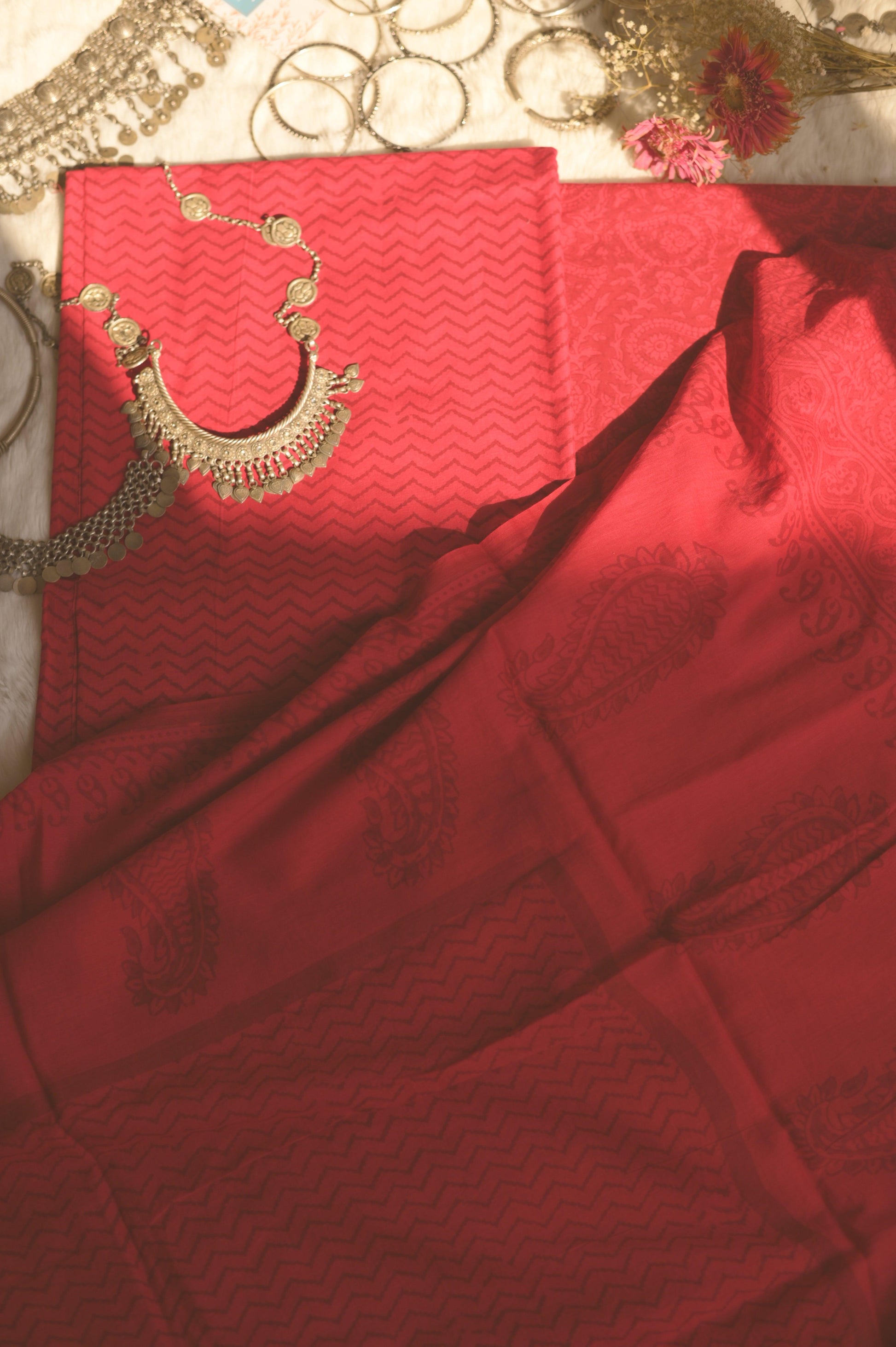 Red Handblockprinted Suit Set - Mayin India