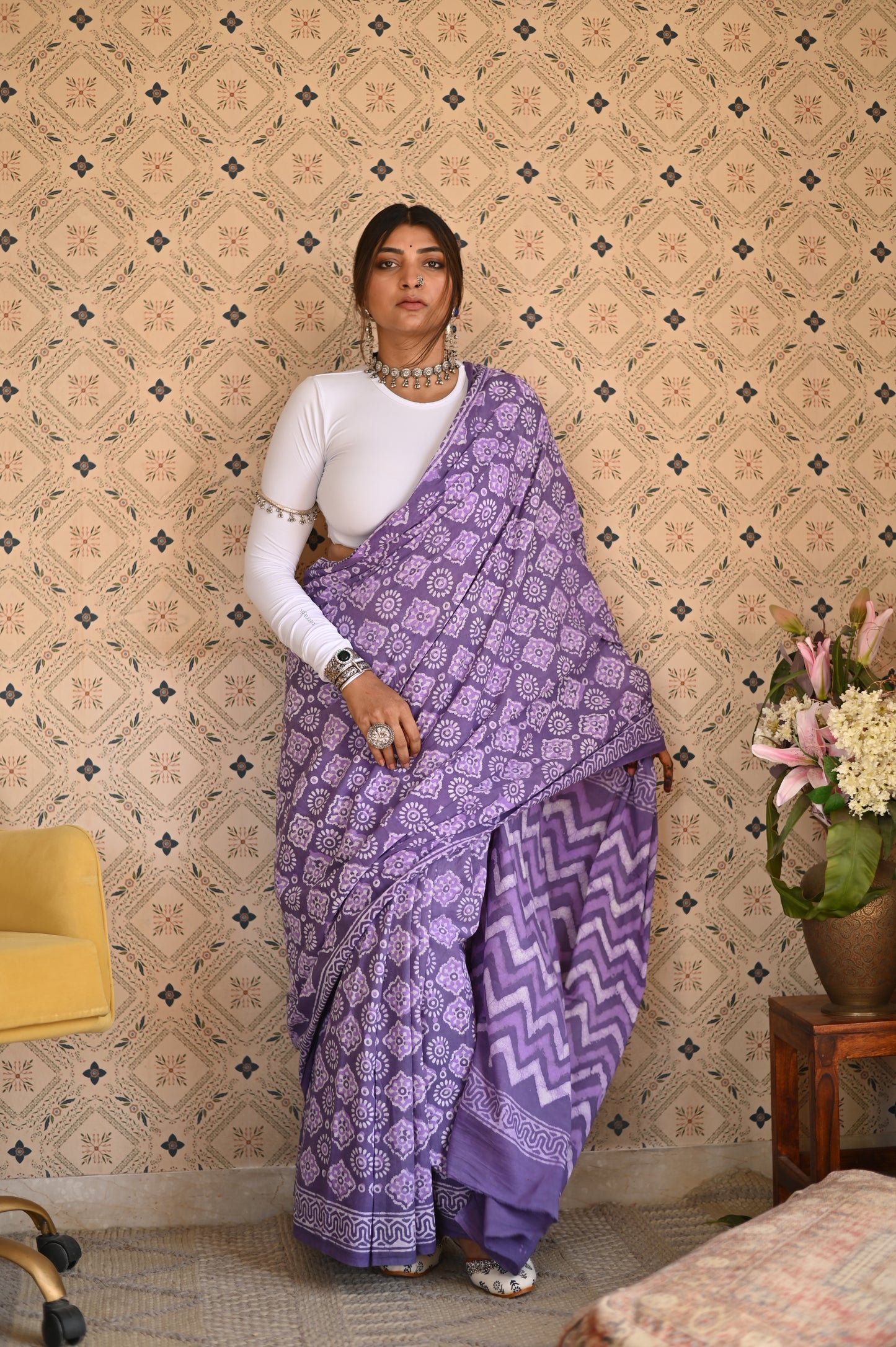 Dusty Purple Dabu Mulmul Saree