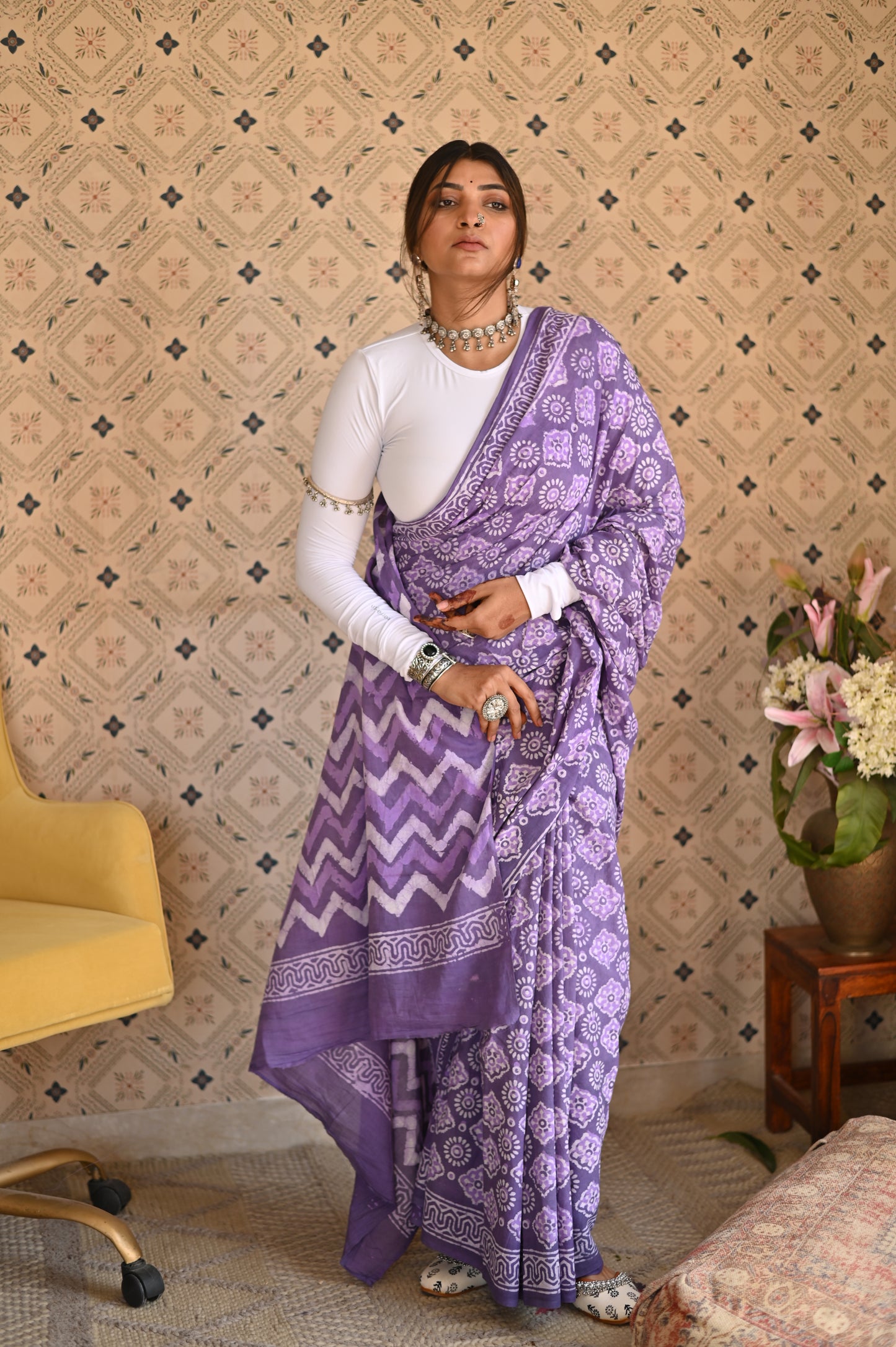 Dusty Purple Dabu Mulmul Saree