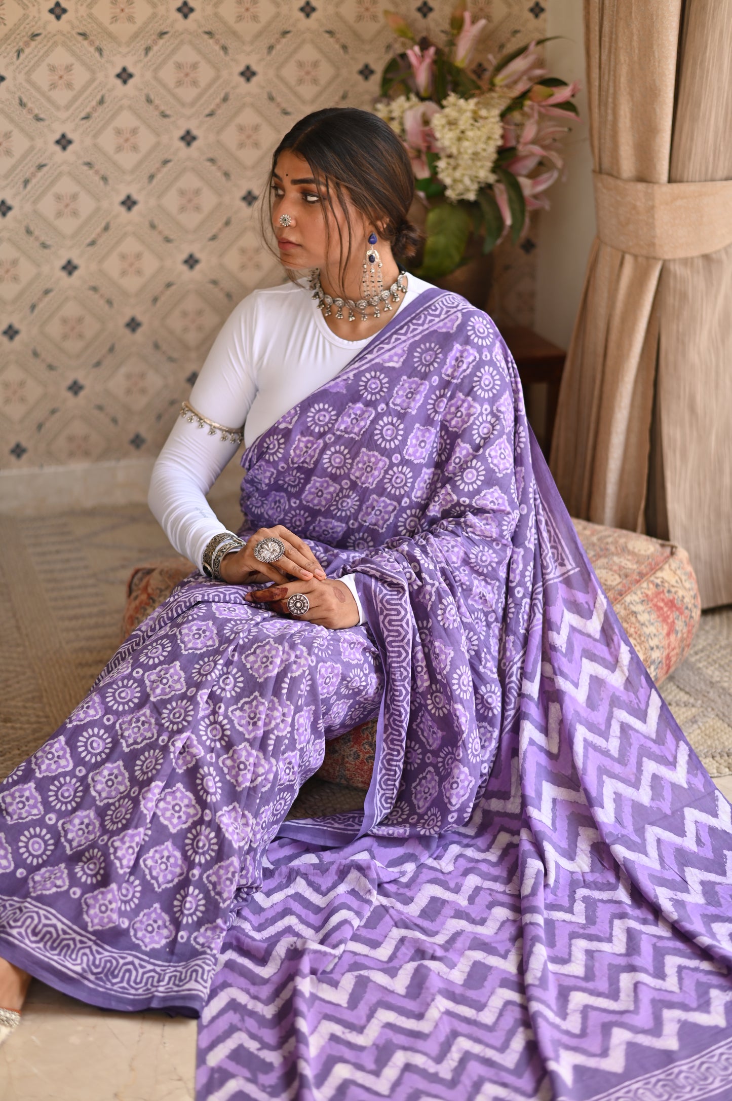 Dusty Purple Dabu Mulmul Saree