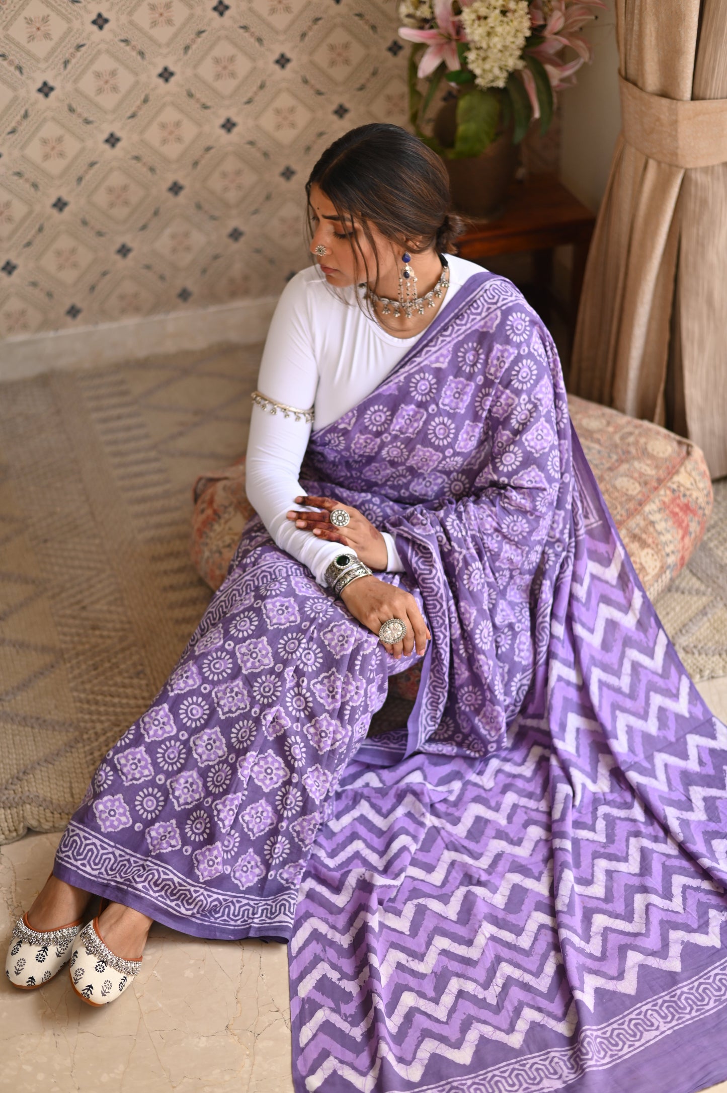 Dusty Purple Dabu Mulmul Saree