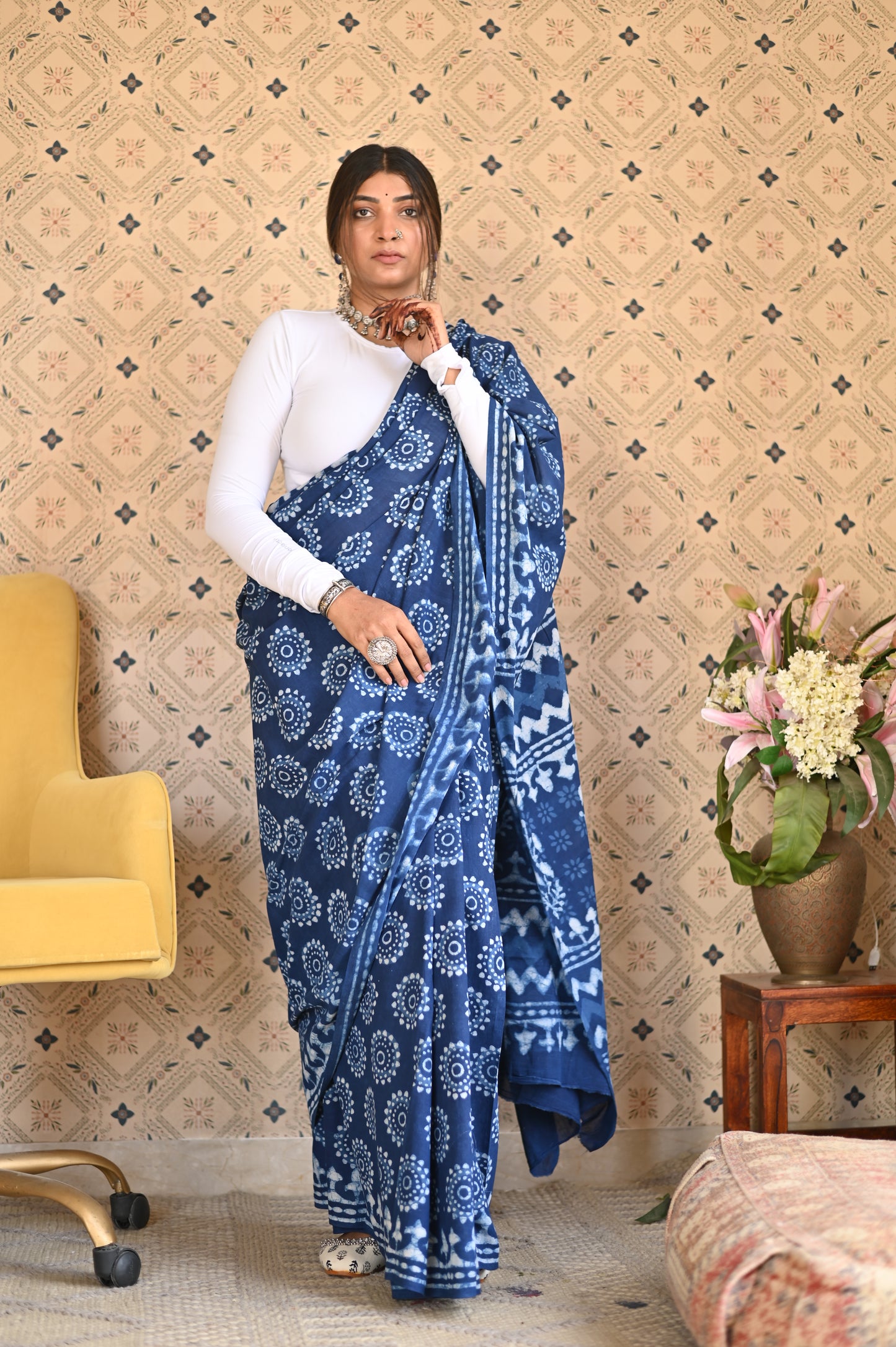 Indigo Dabu Mulmul Saree