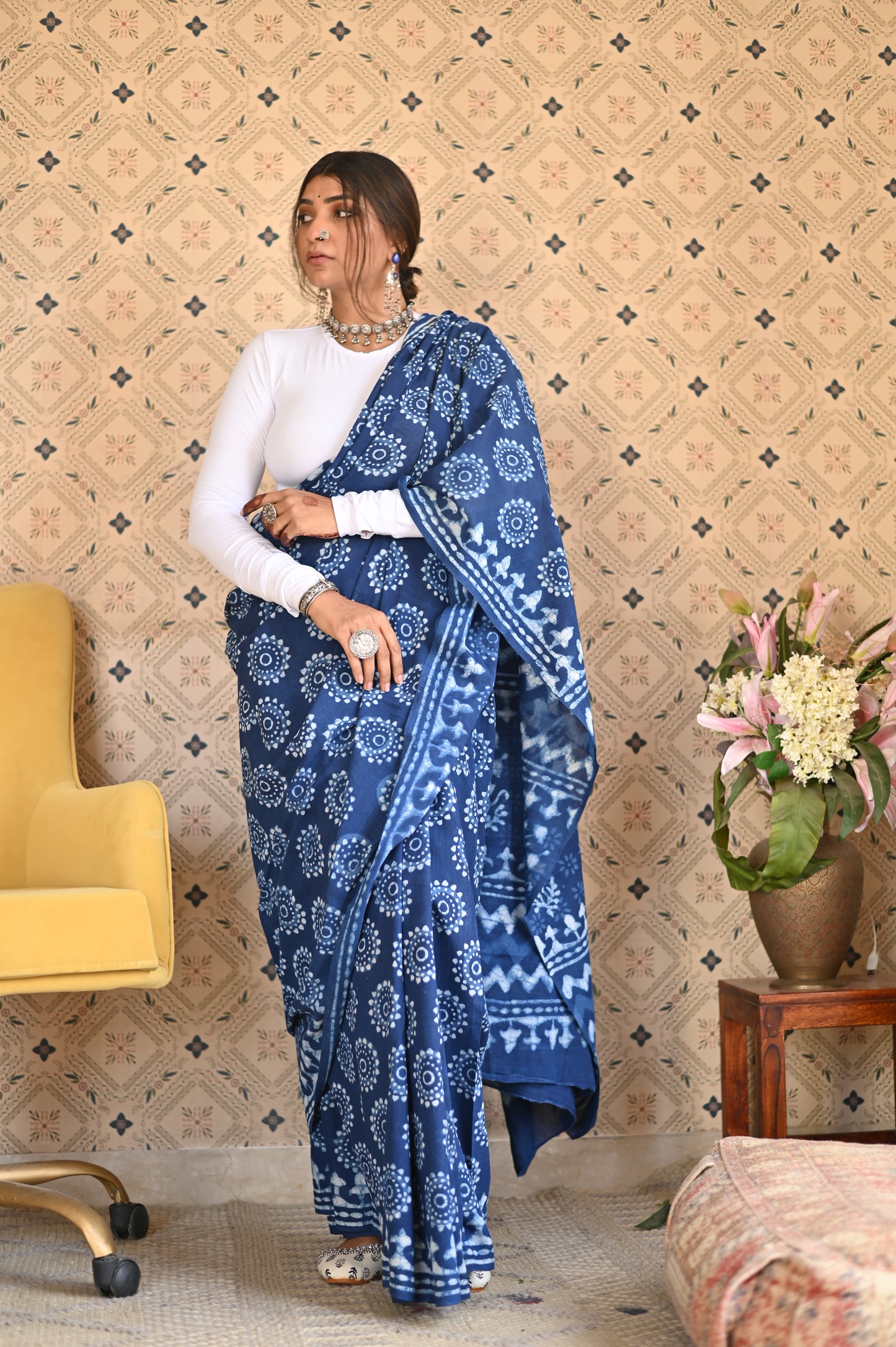Indigo Dabu Mulmul Saree