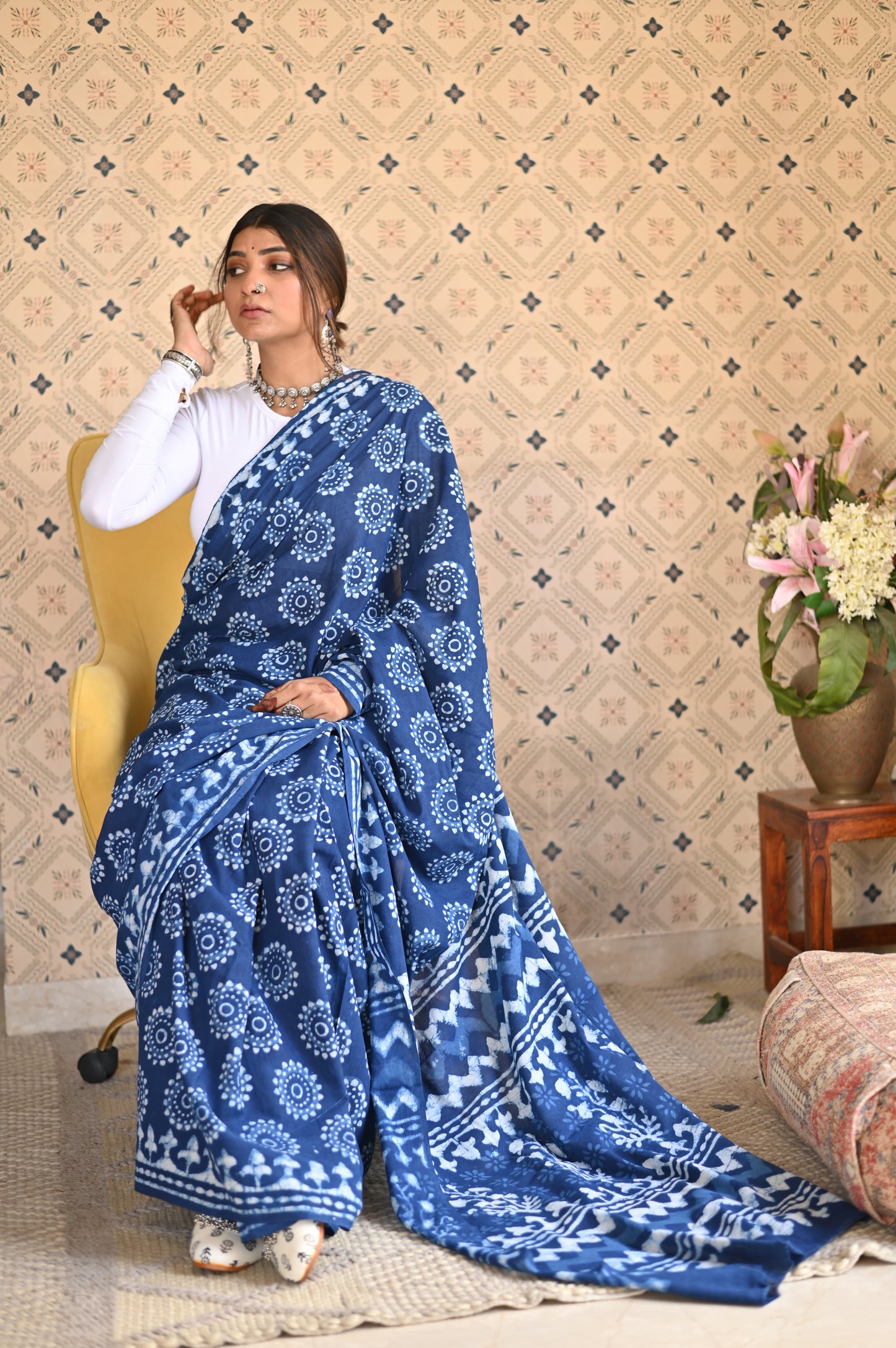 Indigo Dabu Mulmul Saree