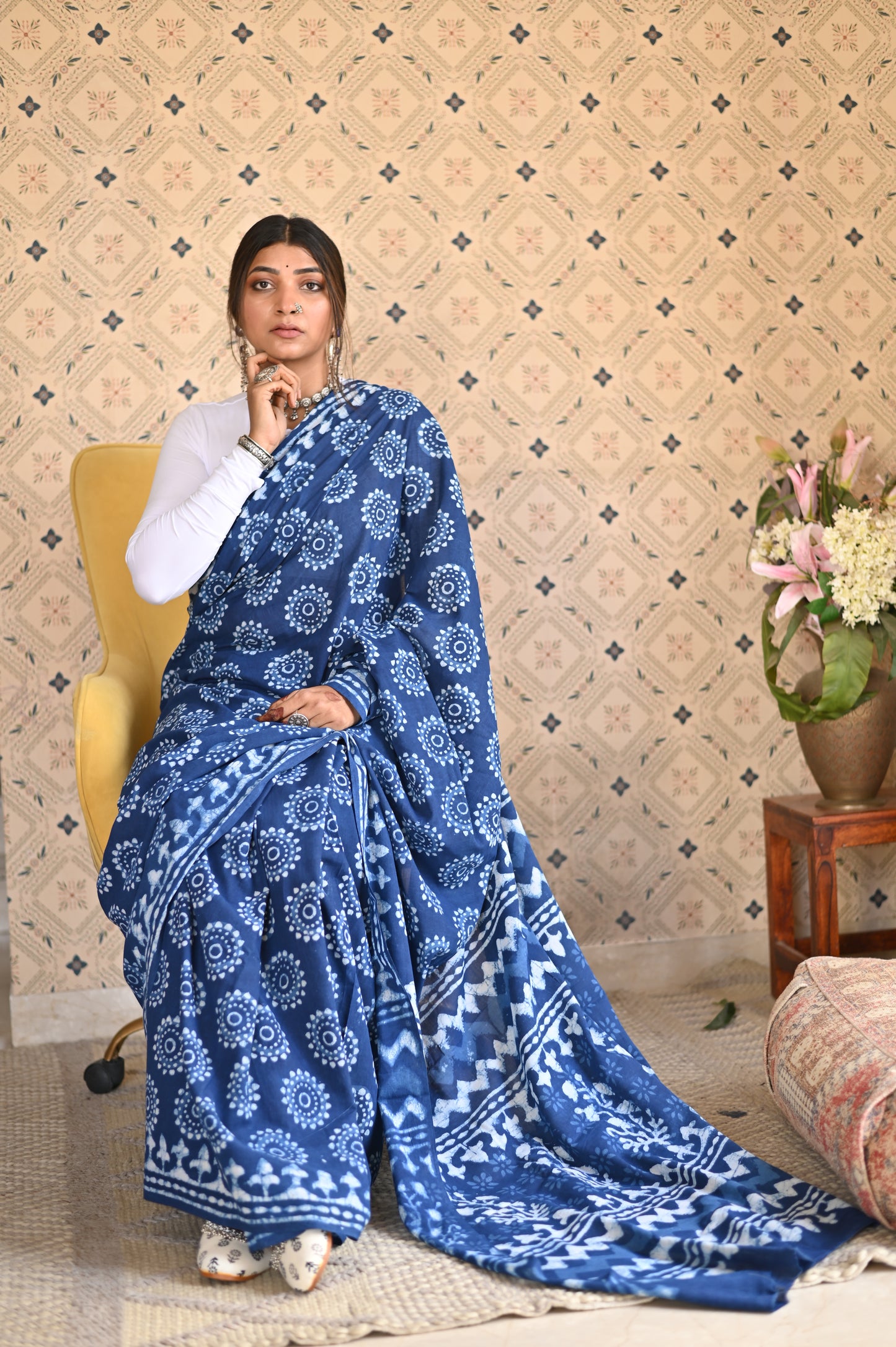 Indigo Dabu Mulmul Saree