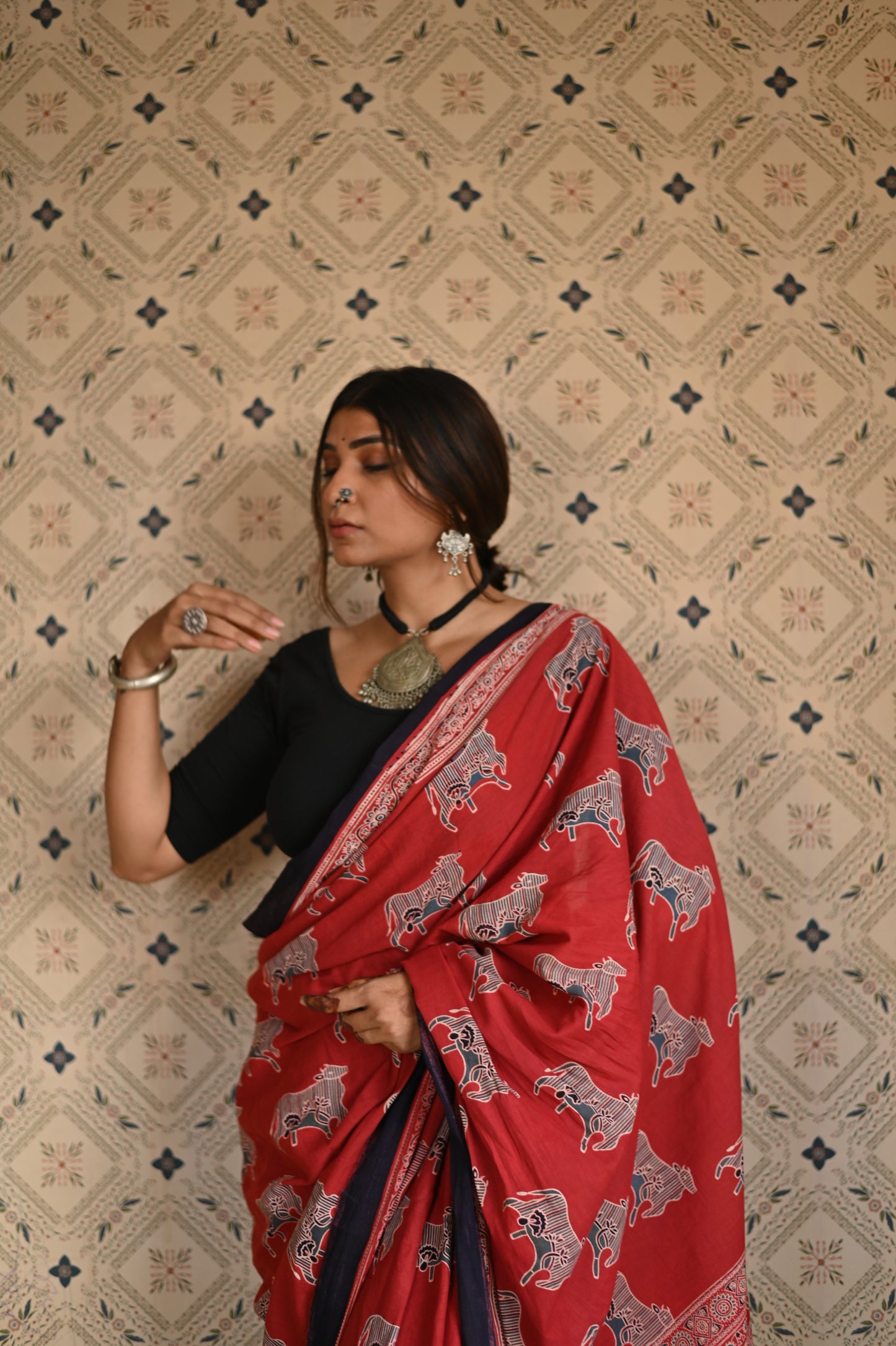 Pichwai Red Ajrakh Saree