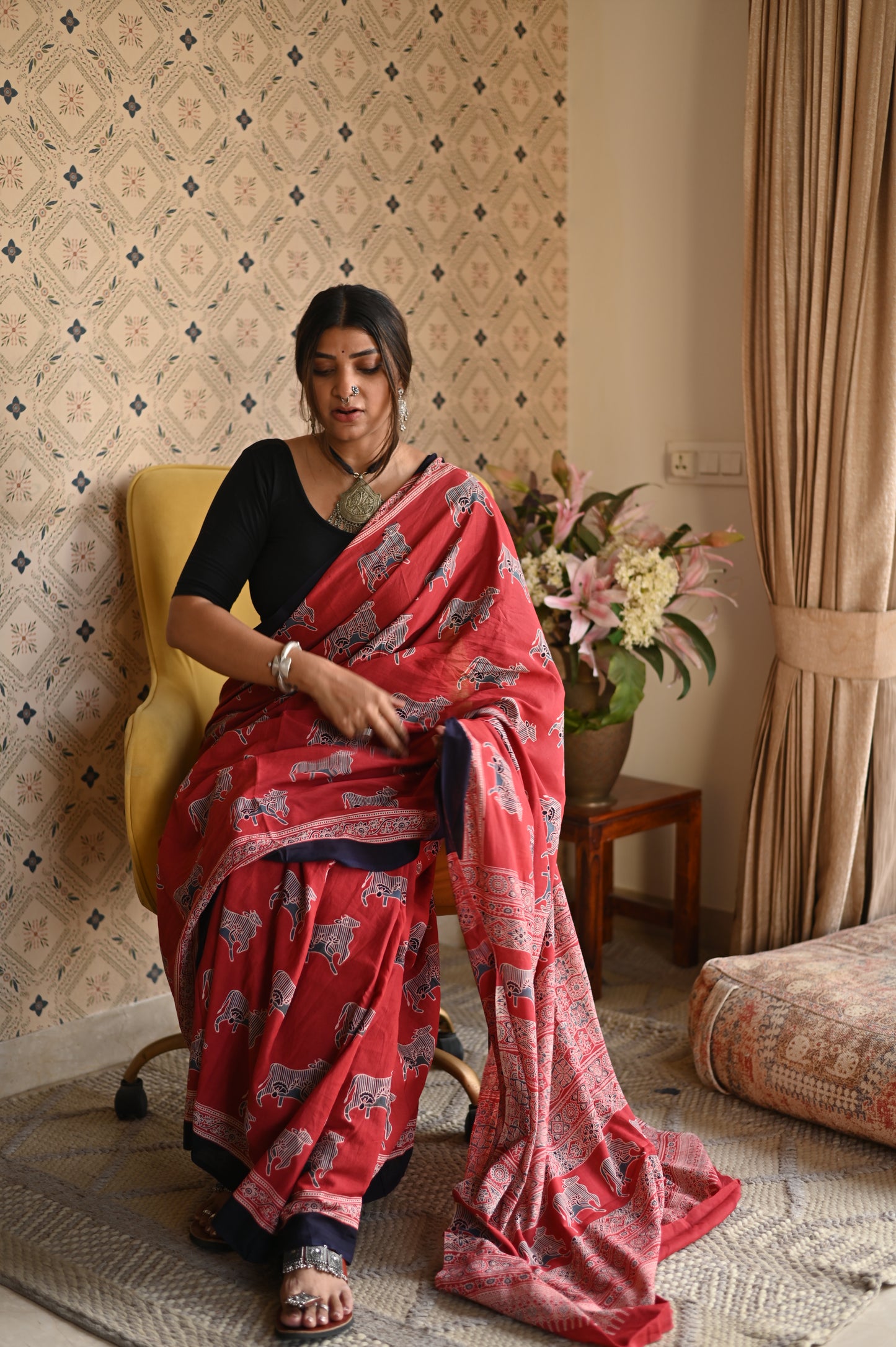 Pichwai Red Ajrakh Saree