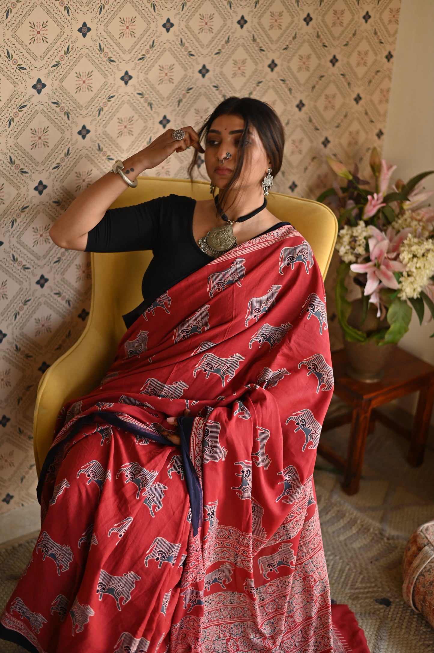 Pichwai Red Ajrakh Saree