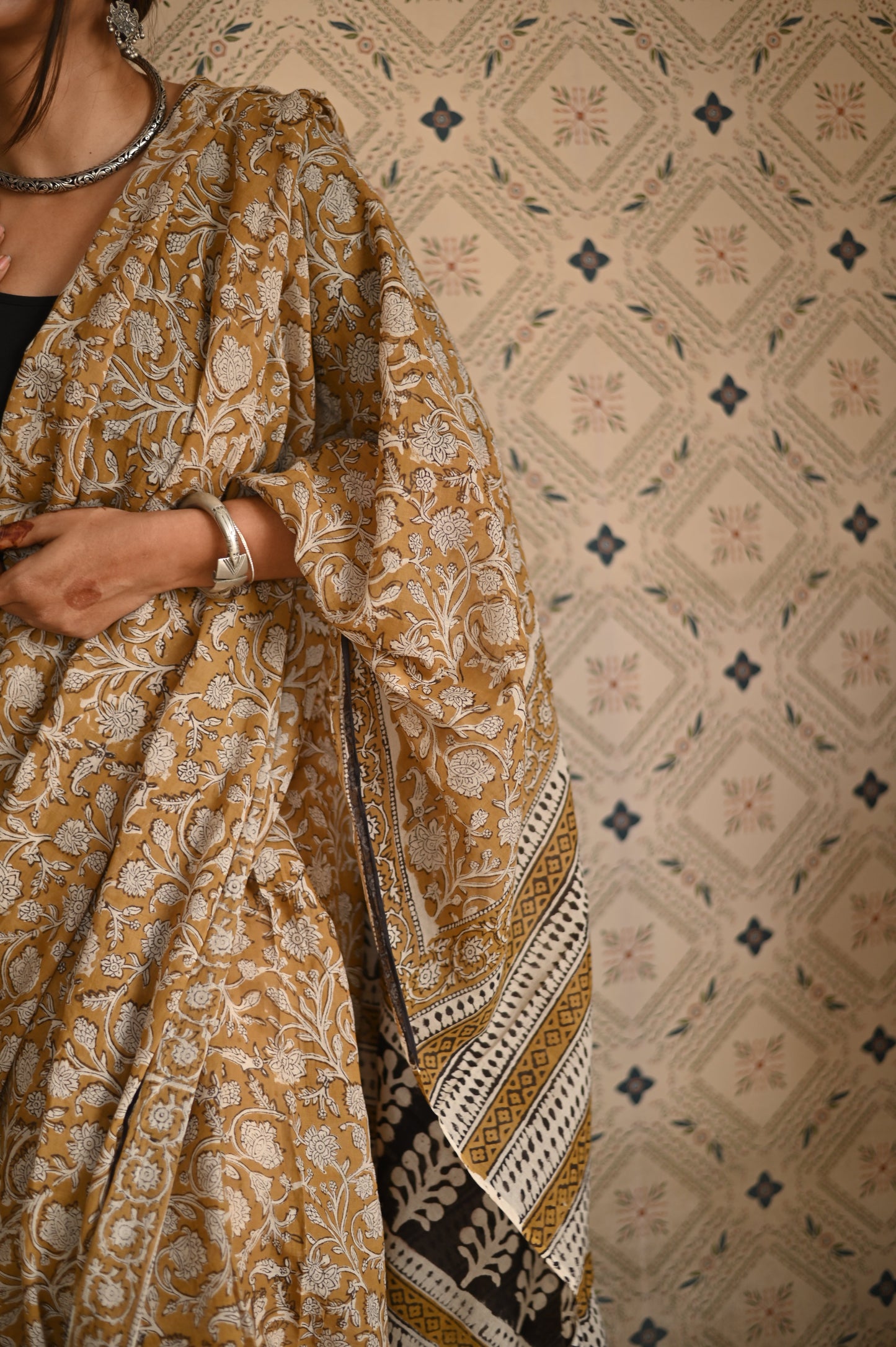 Organic Yellow Bagru Mulmul Saree