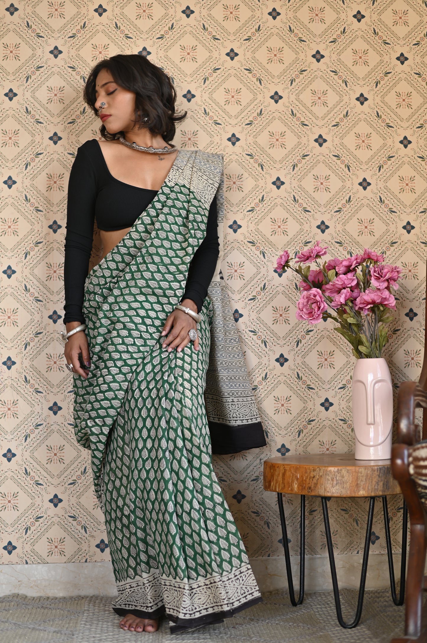Vana Bagru Mulmul Saree