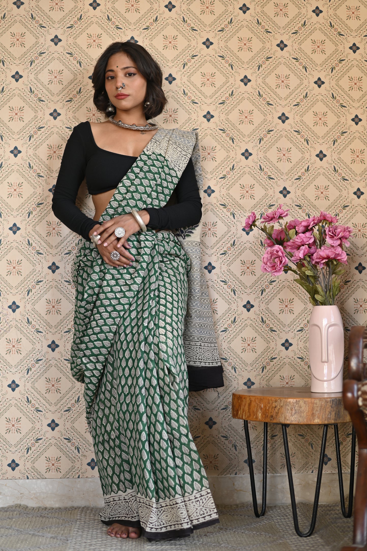 Vana Bagru Mulmul Saree