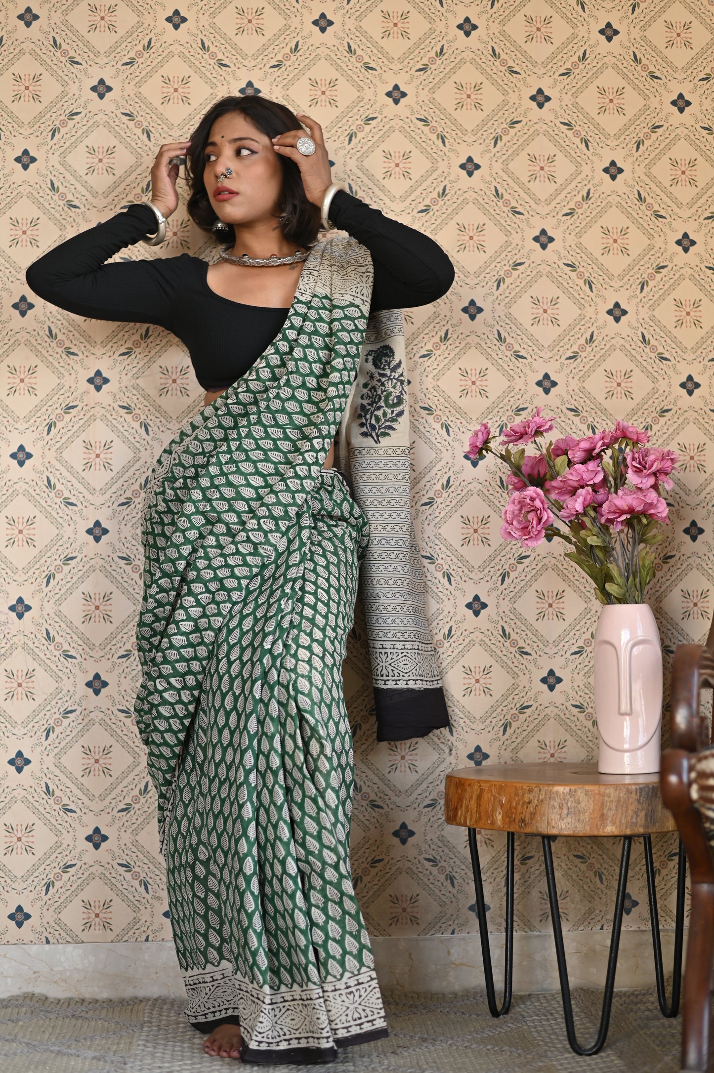 Vana Bagru Mulmul Saree