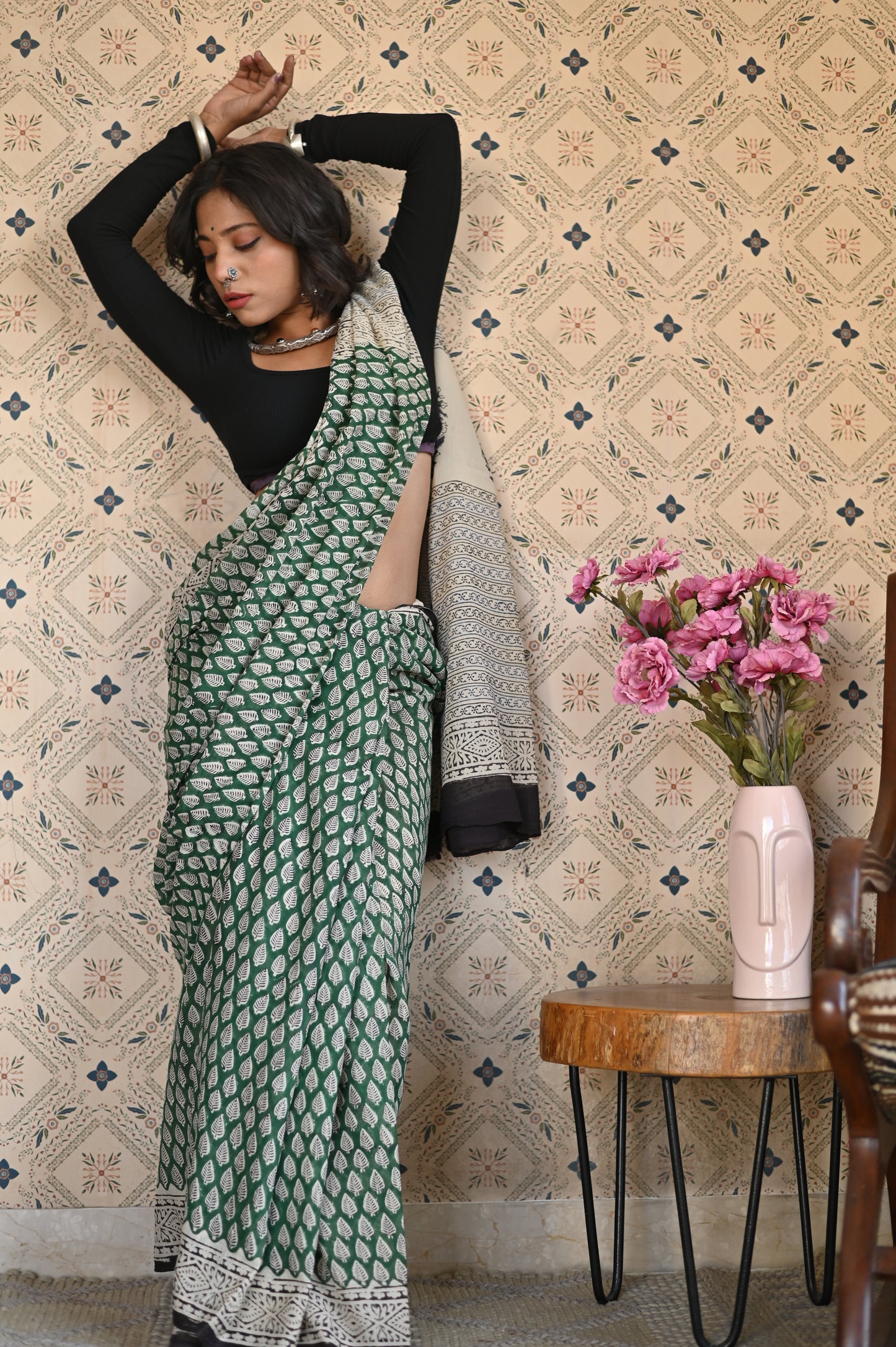 Vana Bagru Mulmul Saree
