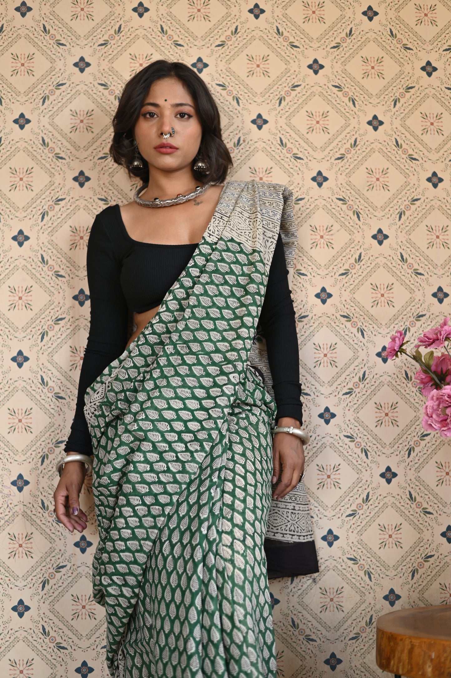 Vana Bagru Mulmul Saree