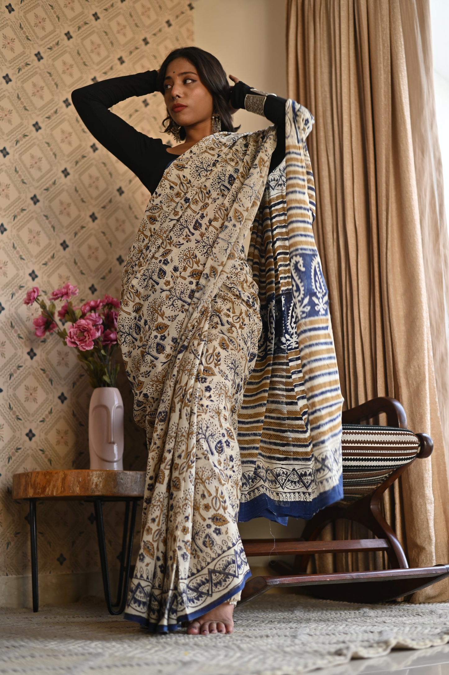 Amaltas Bagru Mulmul Saree