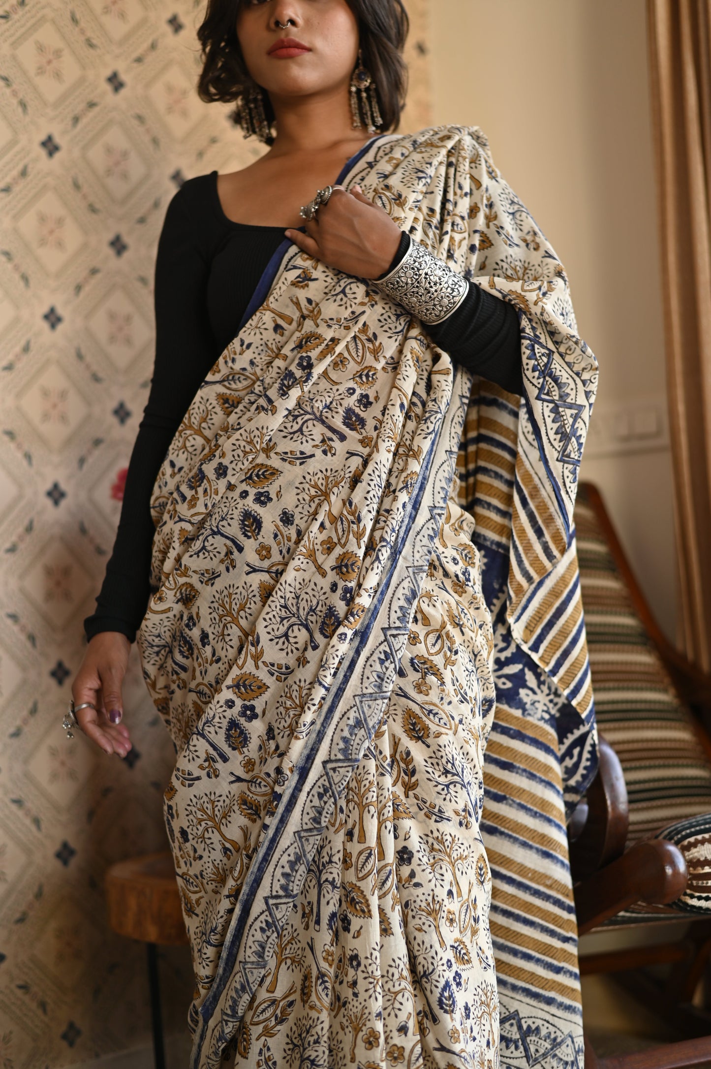 Amaltas Bagru Mulmul Saree