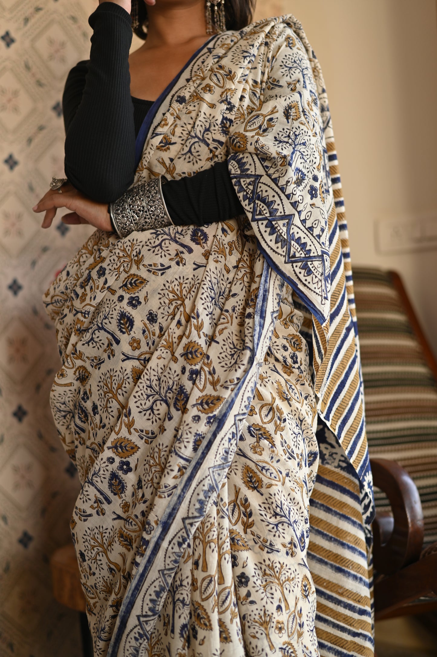Amaltas Bagru Mulmul Saree