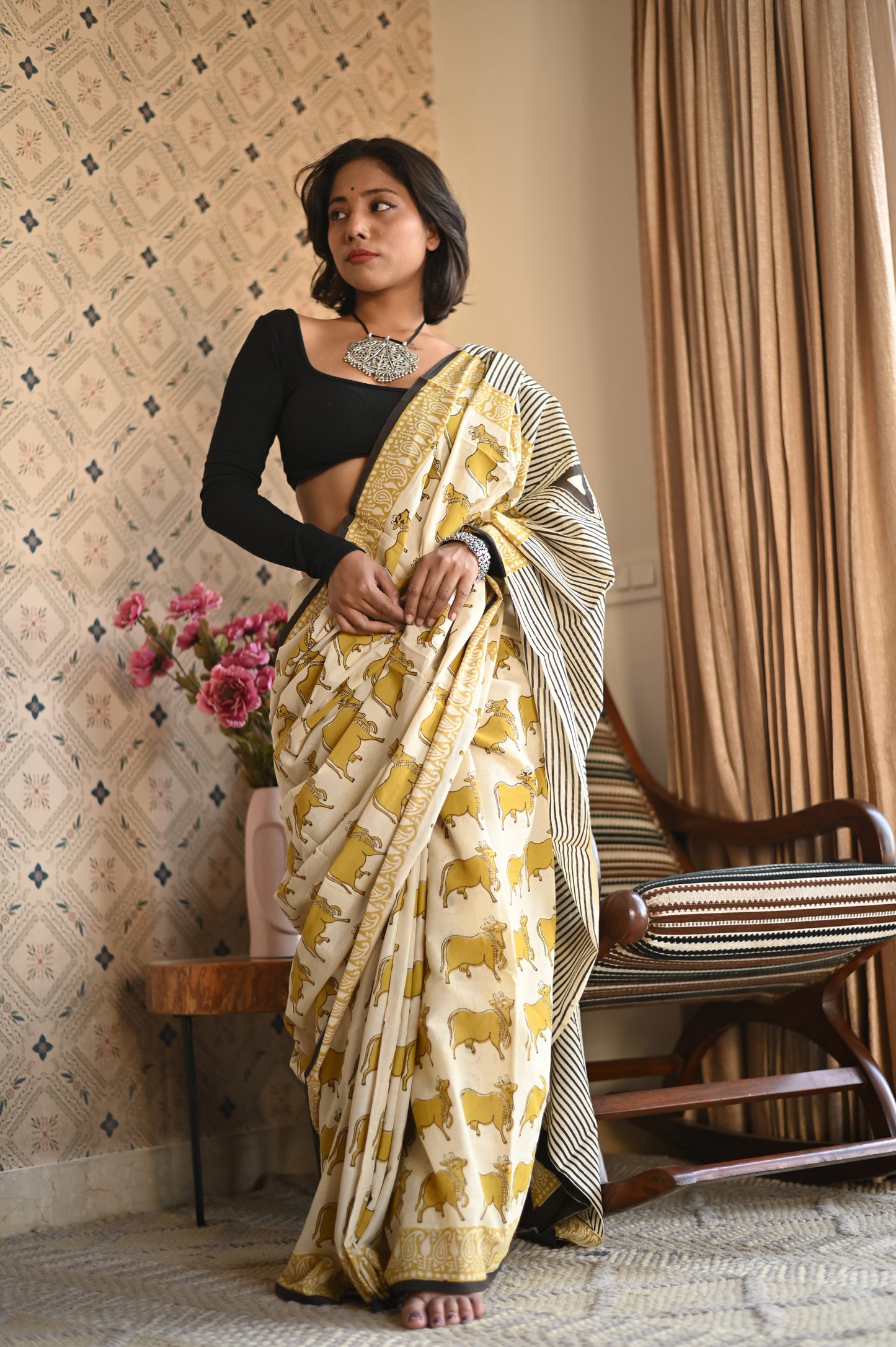 Pichwai Yellow Ajrakh Mulmul Saree