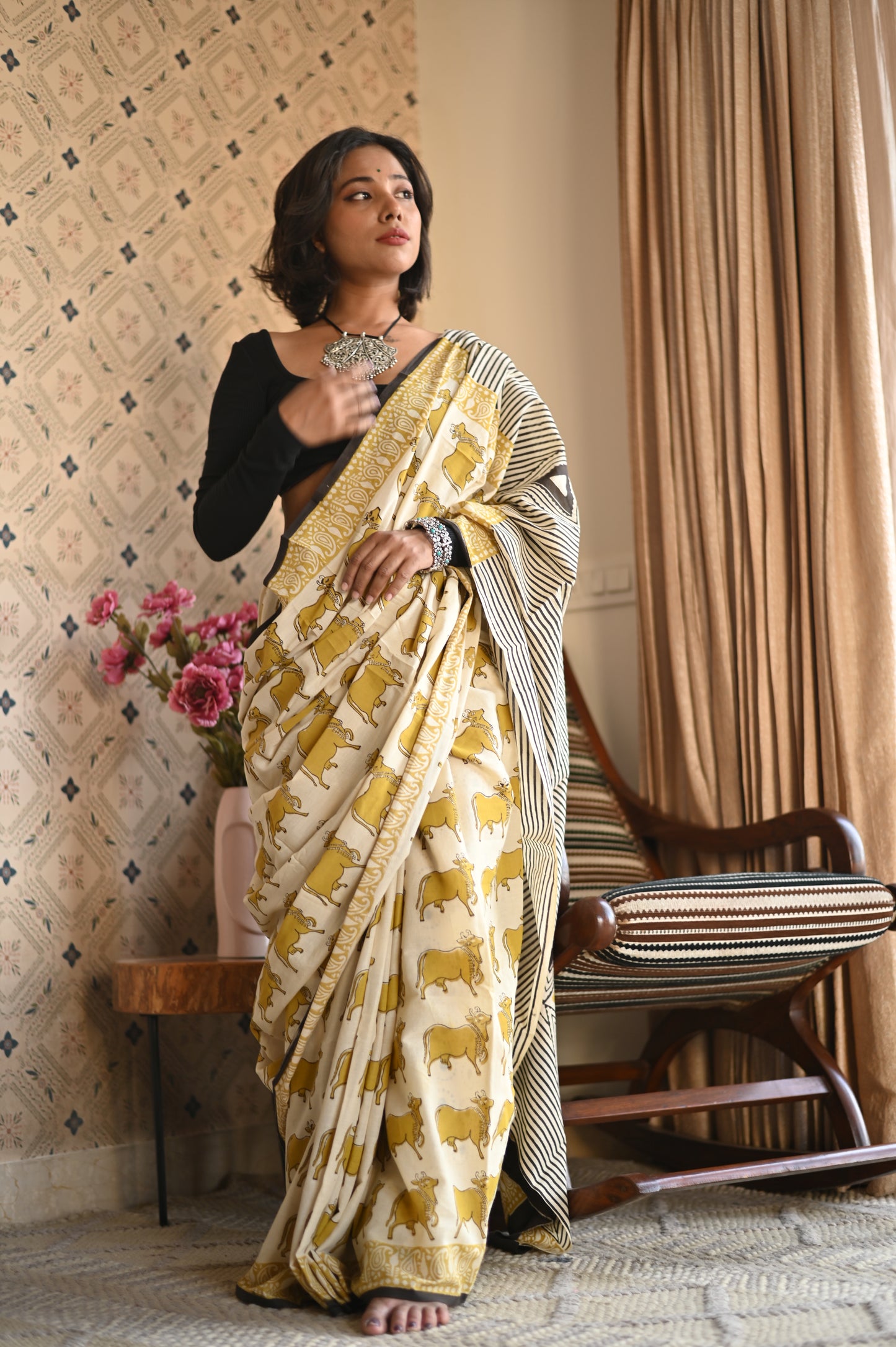 Pichwai Yellow Ajrakh Mulmul Saree