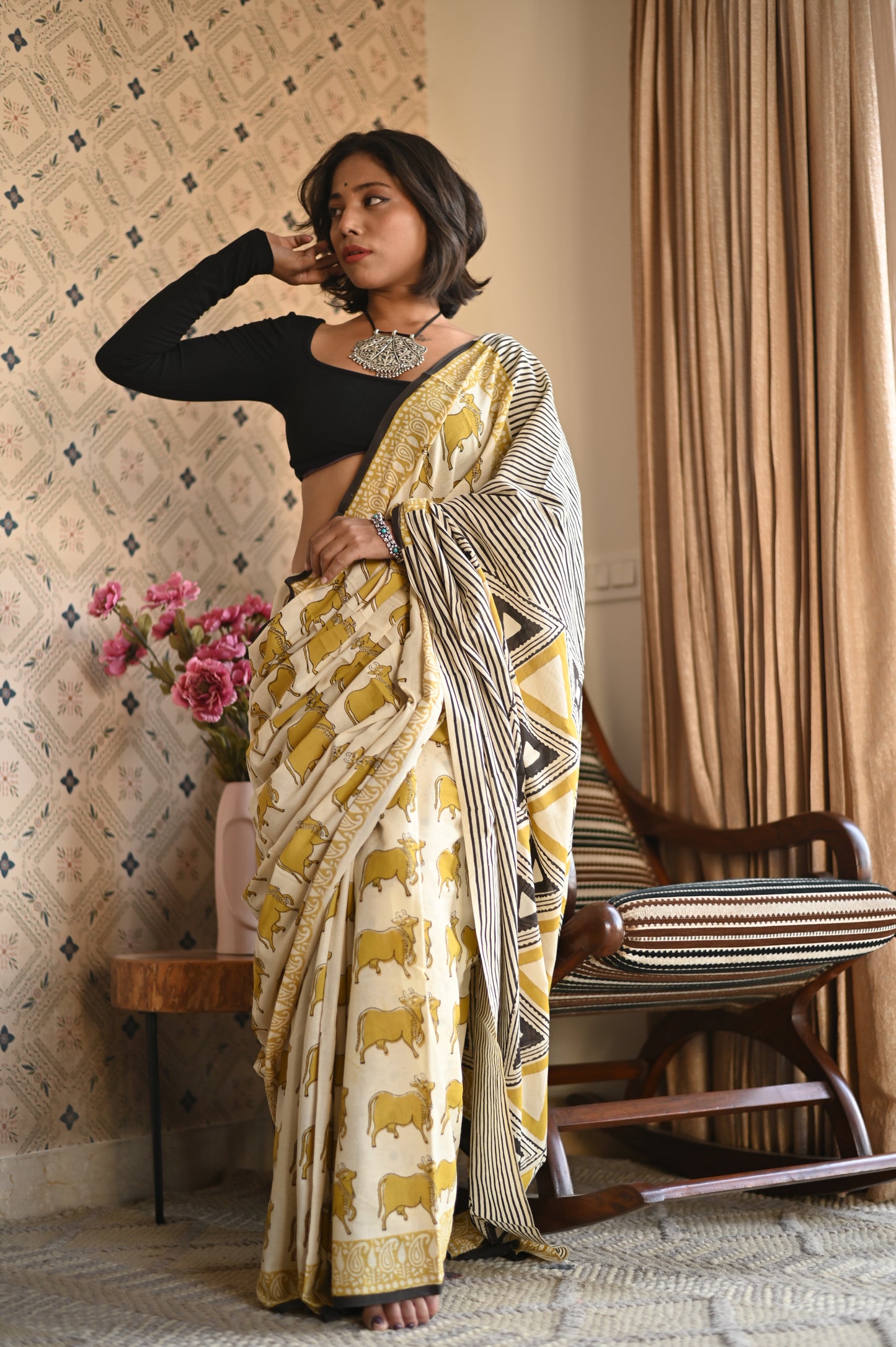 Pichwai Yellow Ajrakh Mulmul Saree