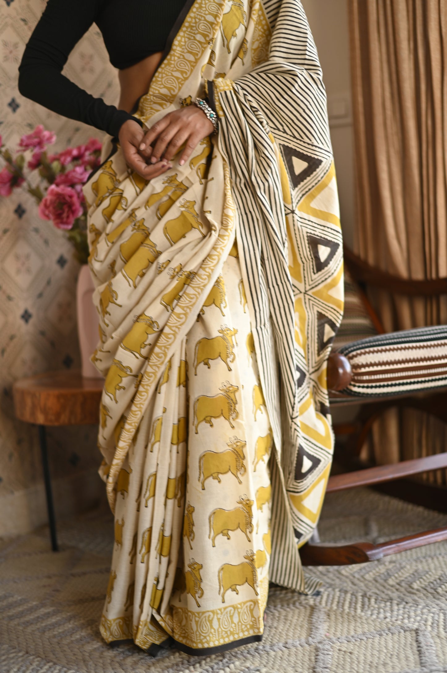 Pichwai Yellow Ajrakh Mulmul Saree
