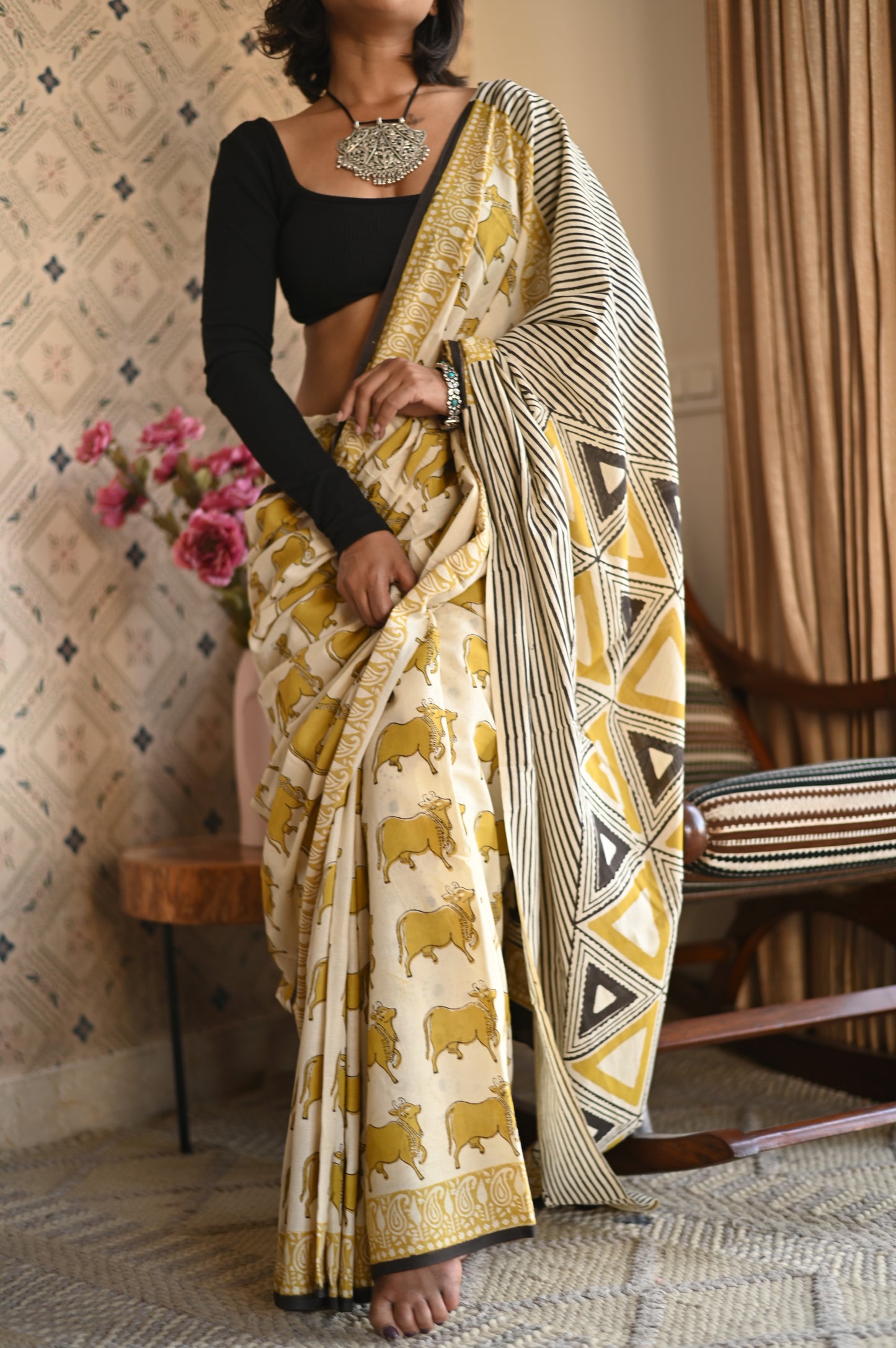Pichwai Yellow Ajrakh Mulmul Saree