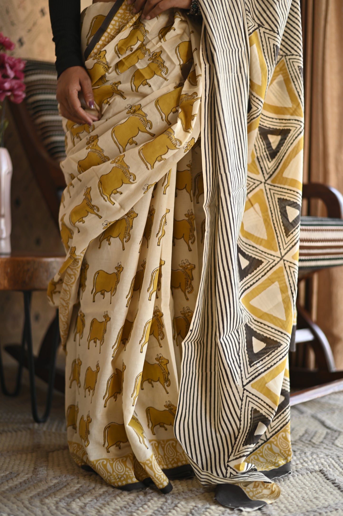 Pichwai Yellow Ajrakh Mulmul Saree