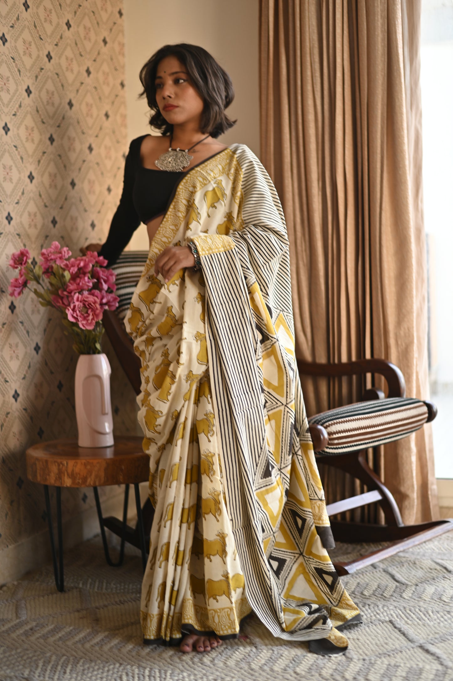 Pichwai Yellow Ajrakh Mulmul Saree