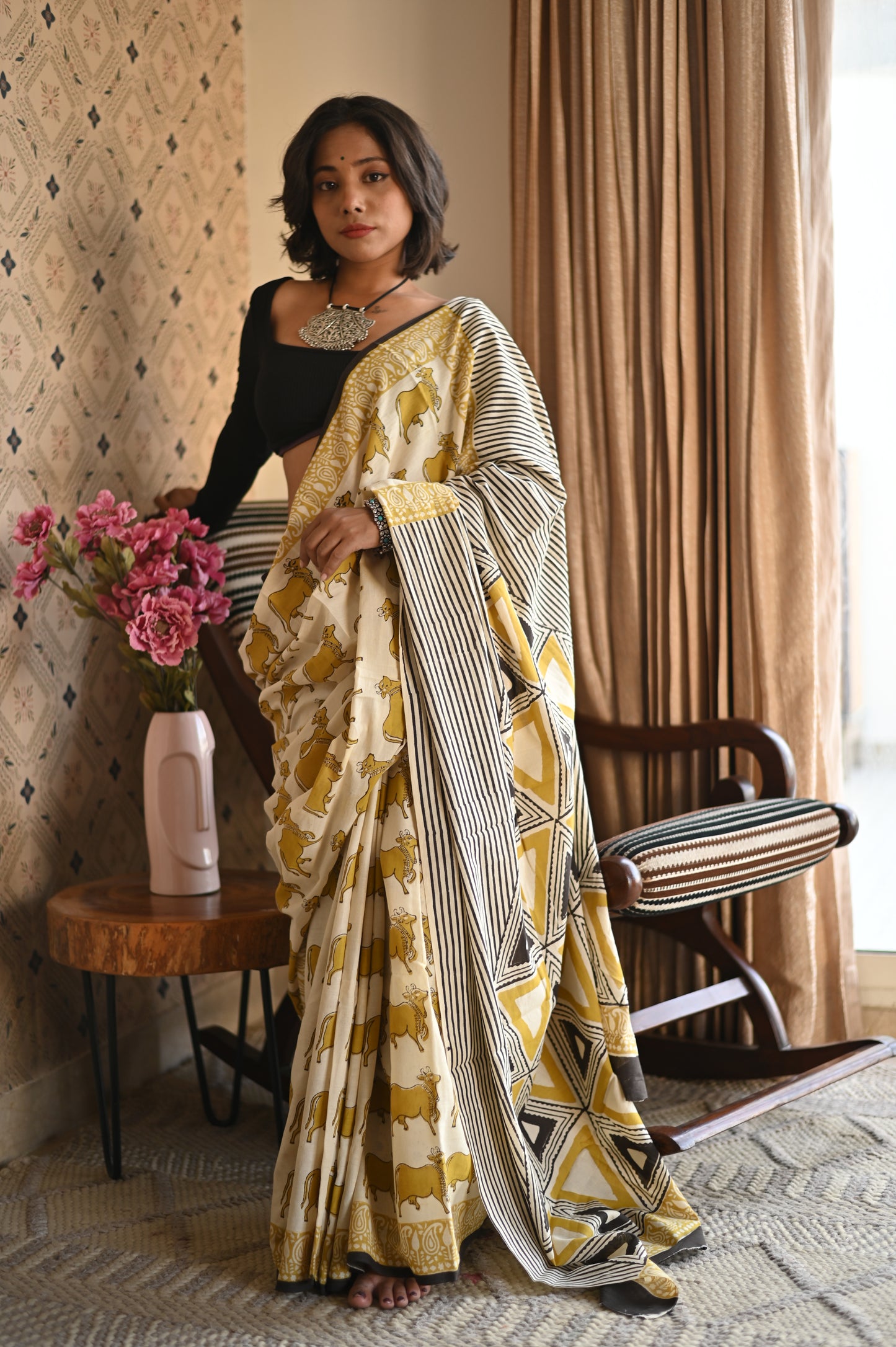 Pichwai Yellow Ajrakh Mulmul Saree