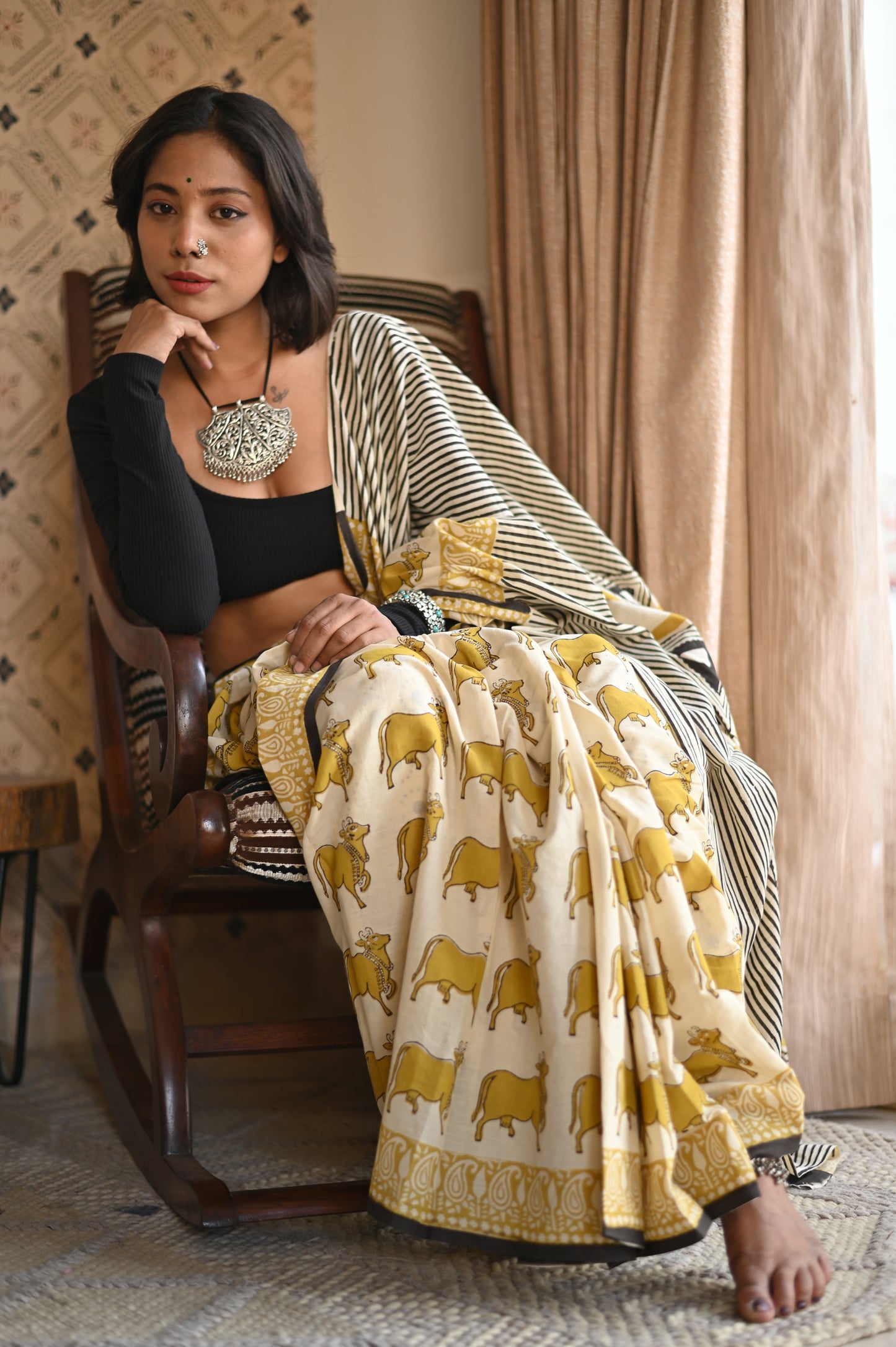 Pichwai Yellow Ajrakh Mulmul Saree